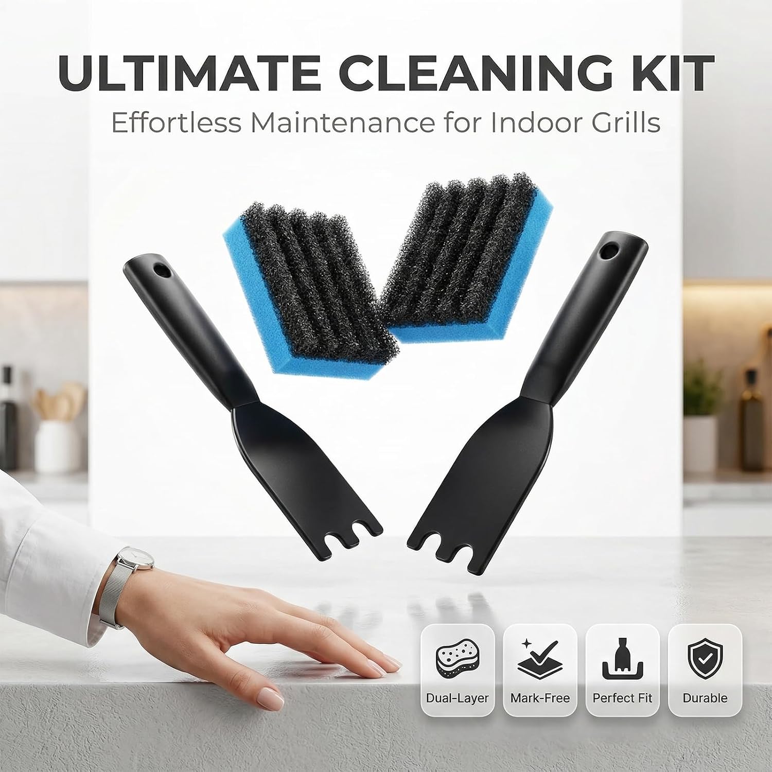 Kuars Gvni 2-Pack Grill Cleaning Sponge 12207 & 2-Pack Grill Scraper, Compatible with George Foreman Grills, Most Indoor & Outdoor Grills with Grooves and Sandwich Makers, Replacement Cleaning Kit