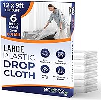 Ecotez 6 Pack 12x9 ft Extra Large Plastic Drop Cloths - Waterproof Painter's Sheeting for Floors, Furniture & Painting Projects
