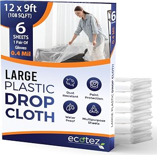 Ecotez 6 Pack 12x9 ft Extra Large Plastic Drop Cloths - Waterproof Painter's Sheeting for Floors, Furniture & Painting Projects