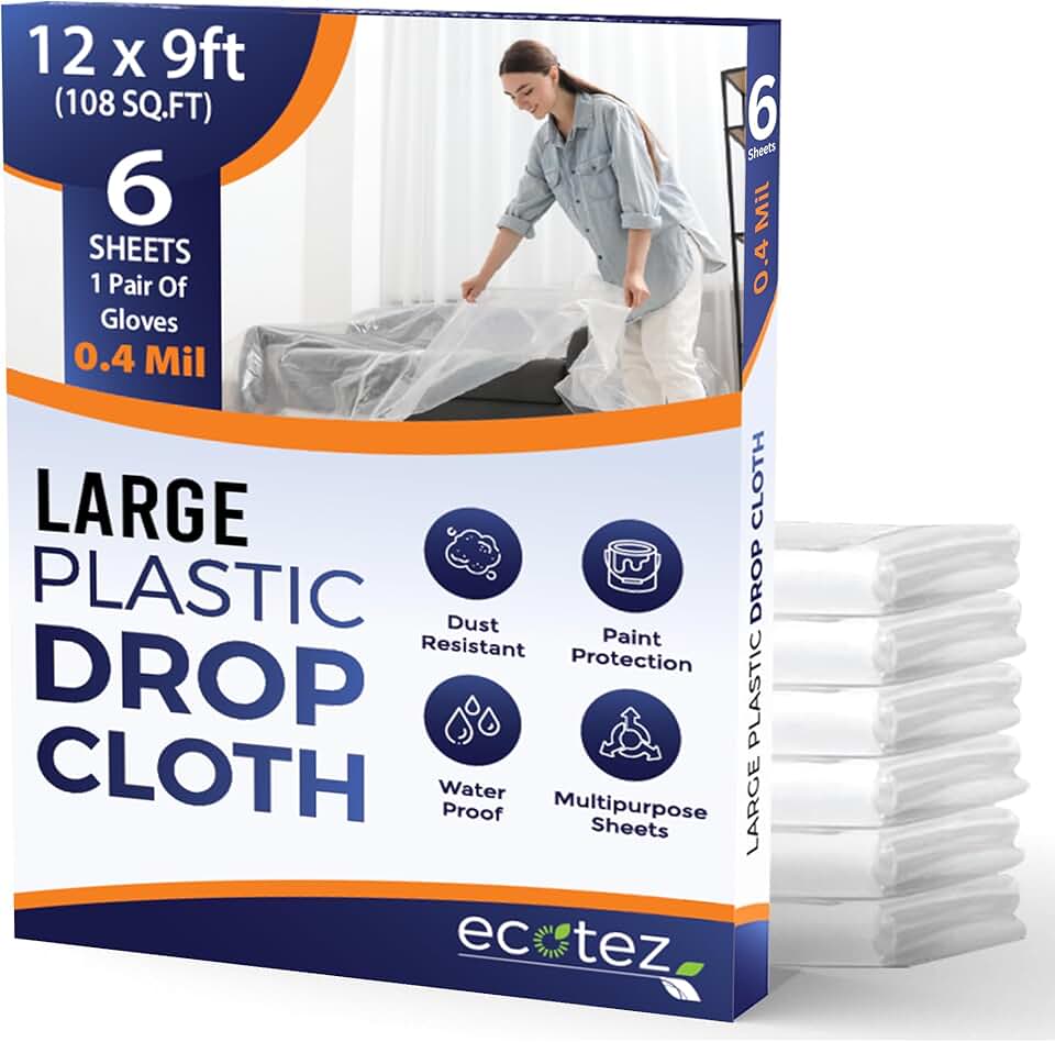 6 Pack 12 x 9 ft Extra Large Plastic Drop Cloth for Painting - Light &amp; Durable Tarp Cover for Furniture - Plastic Clear Tarp Waterproof - Paint Floor Covering - Painters Drop Cloth Sheeting