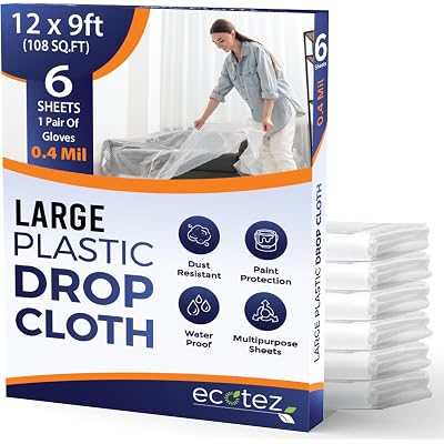 6 Pack 12 x 9 ft Extra Large Plastic Drop Cloth for Painting - Light & Durable Tarp Cover for Furniture - Plastic Clear Tarp Waterproof - Paint Floor Covering - Painters Drop Cloth Sheeting