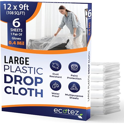 6 Pack 12 x 9 ft Extra Large Plastic Drop Cloth for Painting - Light & Durable Tarp Cover for Furniture - Plastic Clear Tarp Waterproof - Paint Floor Covering - Painters Drop Cloth Sheeting