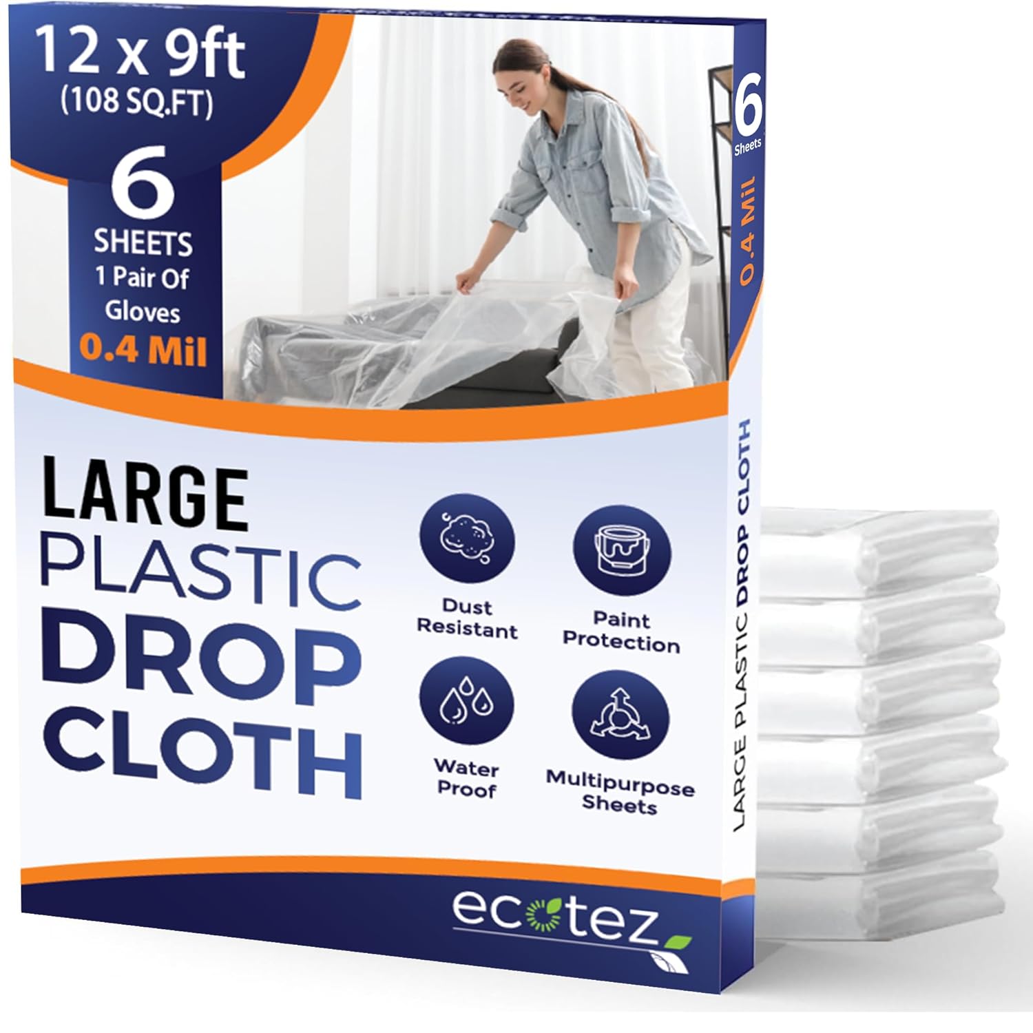 6 Pack 12 x 9 ft Extra Large Painters Drop Cloth - Light Durable Dust Cover - Clear
