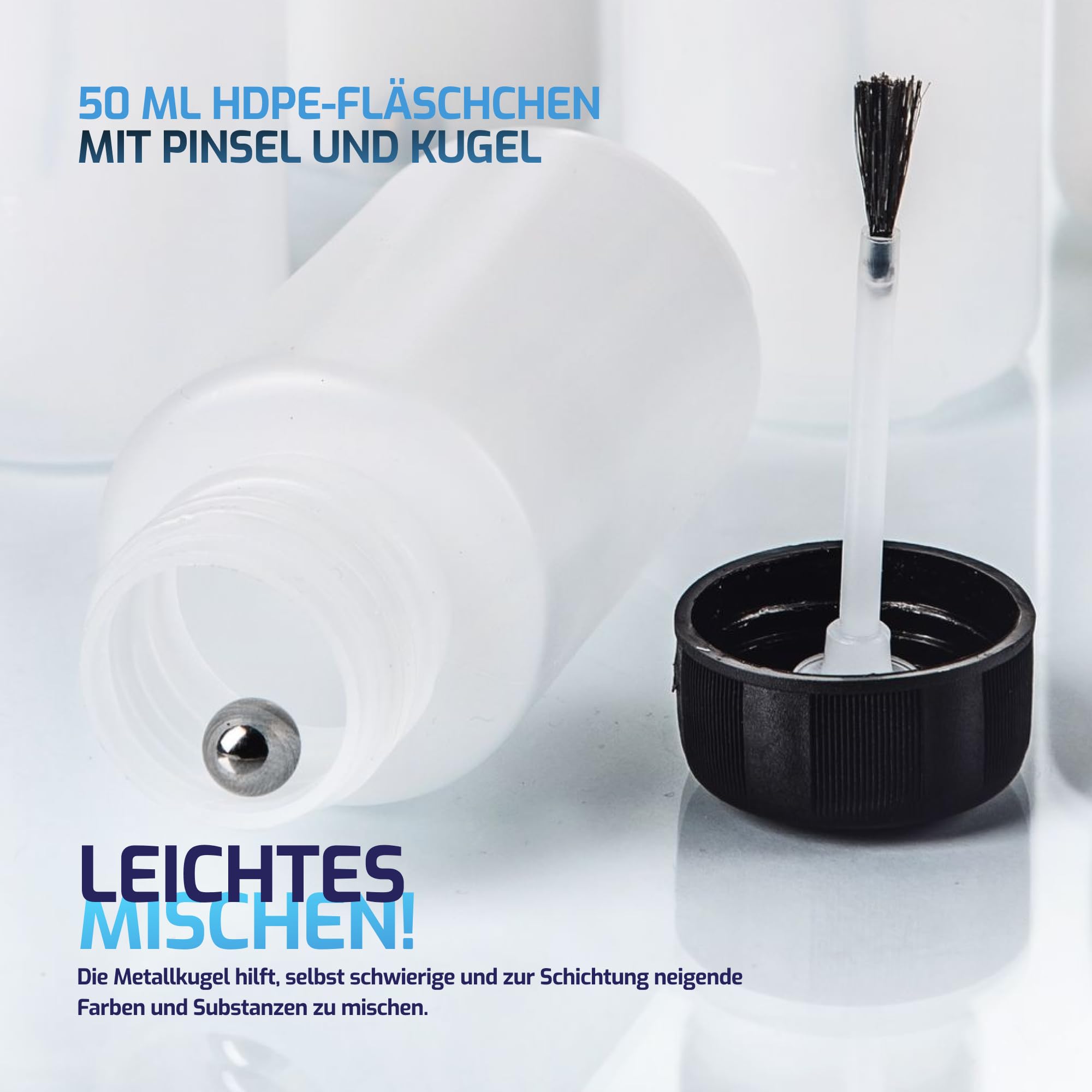BenBow - 25x 50 ml Pinselfläschchen mit Mischkugel - Feiner Pinsel, Transparent - Lösemittelbeständig - Flüssigkeiten aufbewahren & auftragen - HDPE Kunststofffläschchen für Lacke, Farben Öl & Kleber