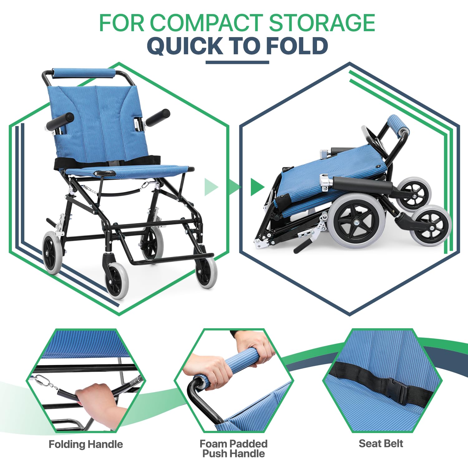 Magshion Silla de ruedas ligera de transporte con soporte de reposapiés de aluminio y reposabrazos abatible, resistente y plegable, silla de ruedas de asiento de 18 pulgadas de ancho para adultos,