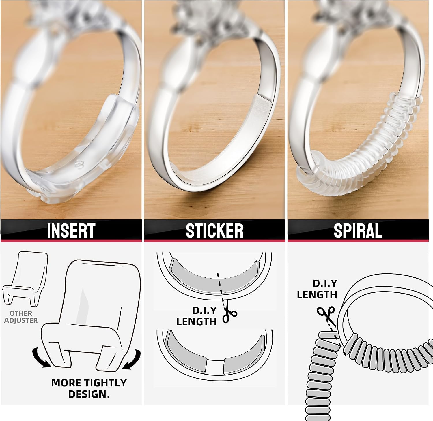 Ring Sizer Adjuster for Loose Rings, 60 Piece Set with 3 Styles (Spiral Coils, Ring Guards, Sizing Strips), Silicone Ring Guards Fits Ring Widths 1-10mm, Invisible Resizing Solution for Women & Men