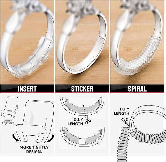 Ring Sizer Adjuster for Loose Rings, 60 Piece Set with 3 Styles (Spiral Coils, Ring Guards, Sizing Strips), Silicone Ring Guards Fits Ring Widths 1-10mm, Invisible Resizing Solution for Women & Men