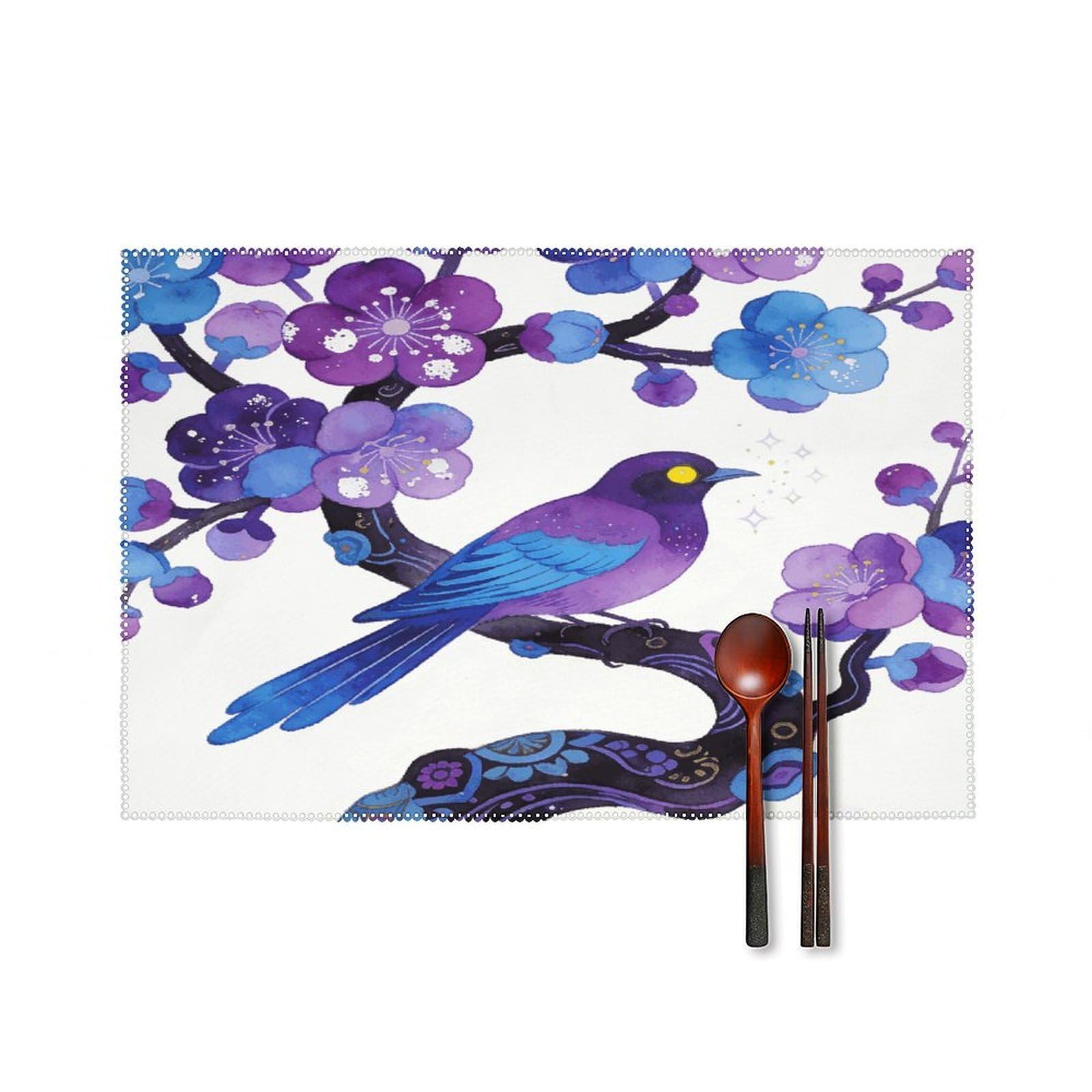 Purple Plum Blossoms Adorn Sparrows Placemat Cute Non-Slip Place Mats for Dining Table Classic Washable Placemats Set of 4 Square Outdoor Decoration Table Mats for Kitchen Home Party