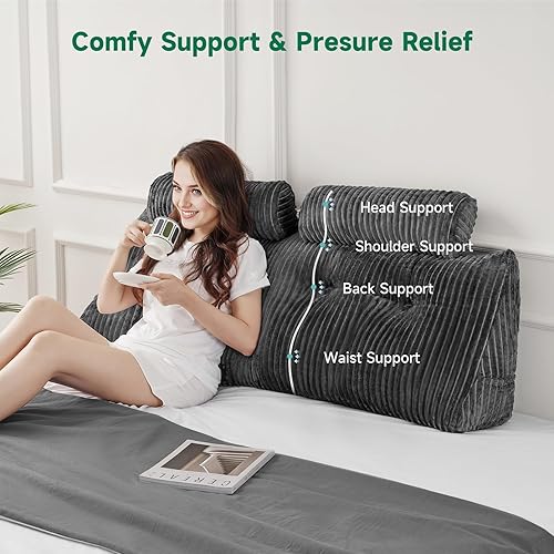 Miniatura 5 de Z-hom Almohada de cuña de tamaño queen para cabecero con 2 cojines enrollables, almohada grande de lectura para sentarse en la cama, cojín 2-Gris