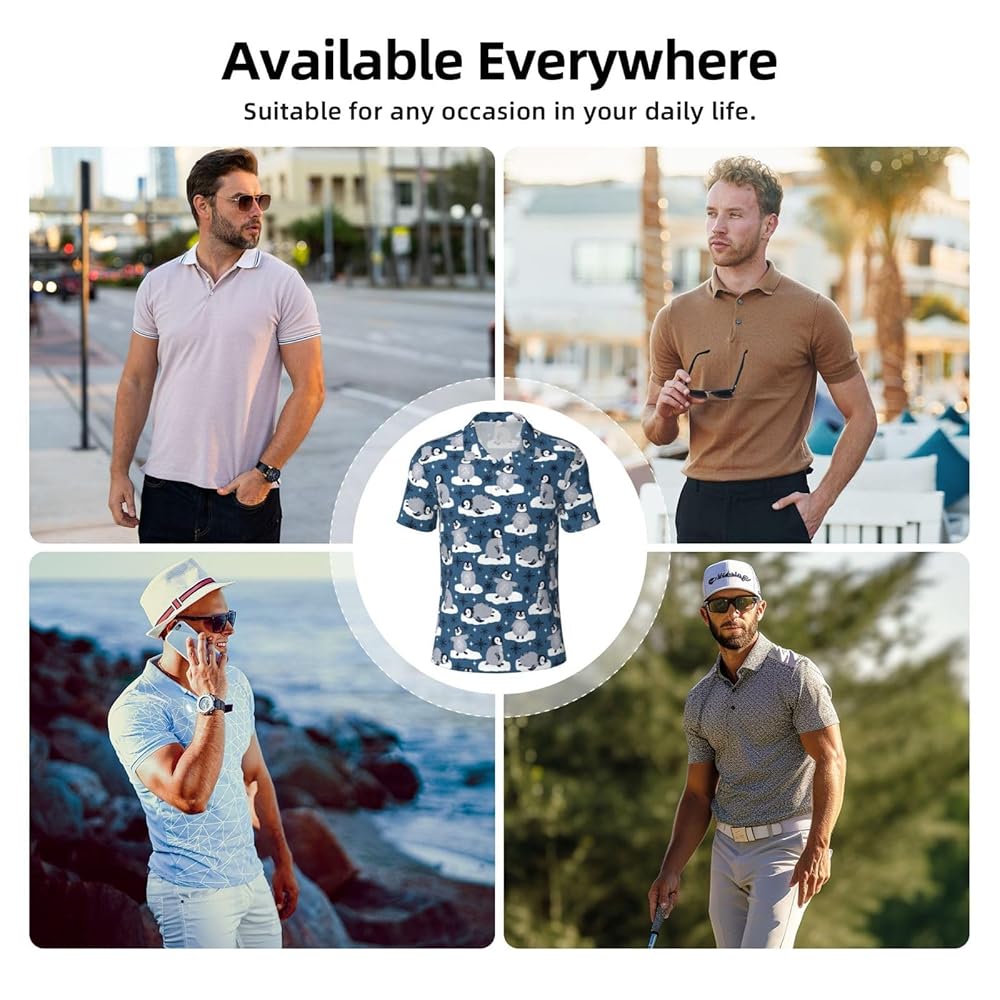 Mosytuky Snow Penguin Print Golf Shirts for Men Dry Fit