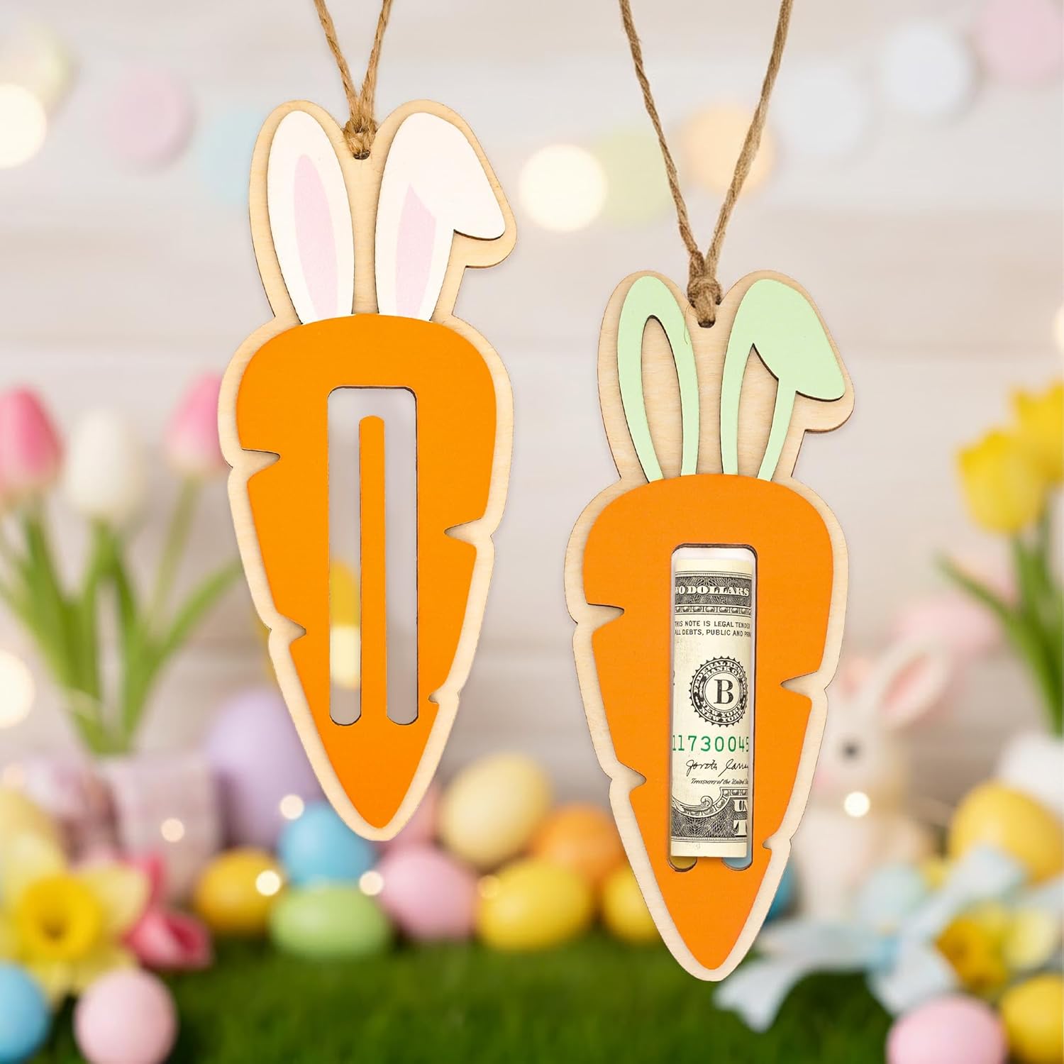 2 Pack Easter Bunny Money Holder for Cash, Easter Basket Stuffers Gift, Wooden Carrot Money Holder Gifts For Teens, Kids, Gifts For Boy, Girl, Grandchildren, Basket Decorations, Holiday Gift Ideas