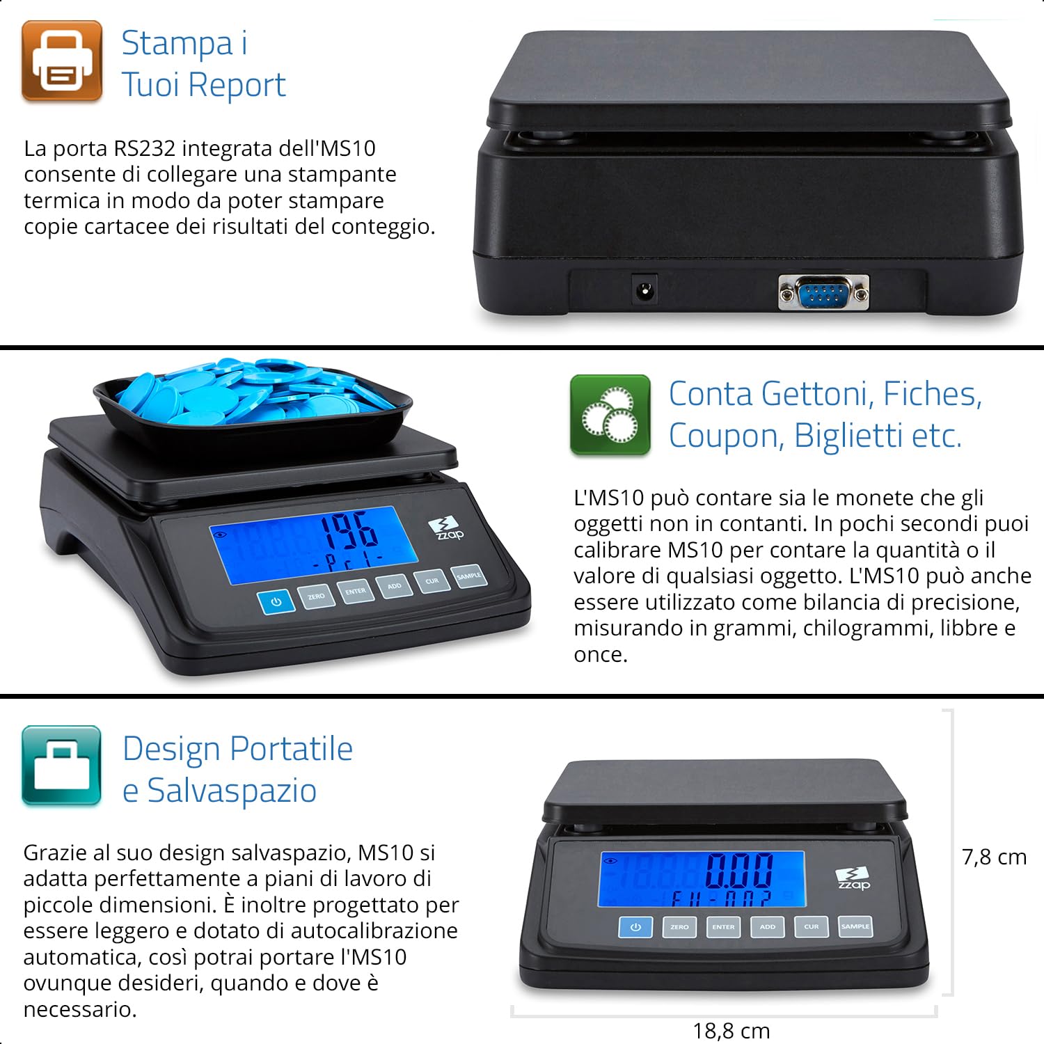 ZZap MS10 Bilancia contamonete - Conta 5 valute e altri articoli, conta 3 kg di monete, display retroilluminato, alimentato a batteria e molto altro!