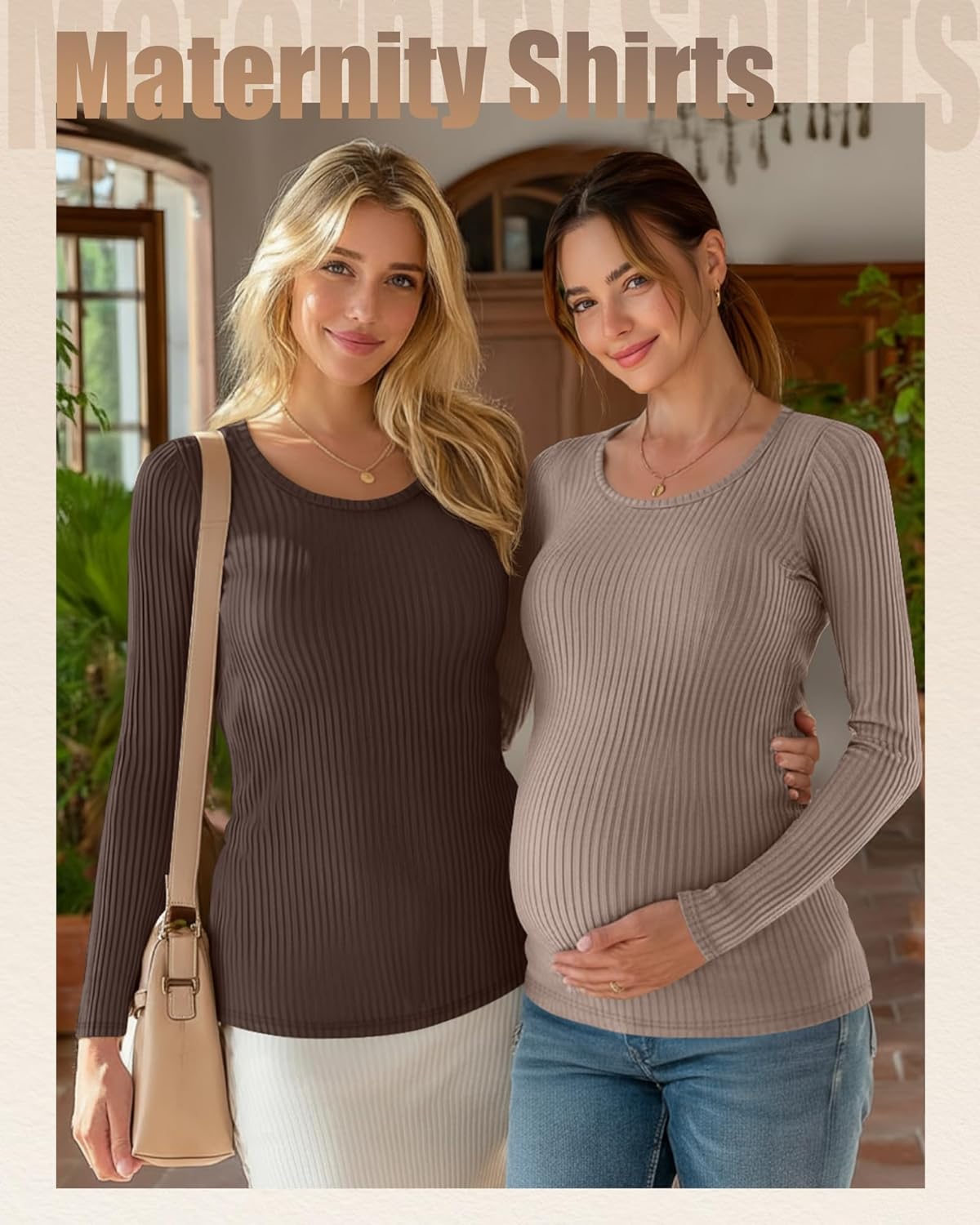 4 Pack Women's Ribbed Maternity Shirts, Scoop Neck Long Sleeve Knit Pregnancy Tops Slim Basic Tee Clothes - Image 2