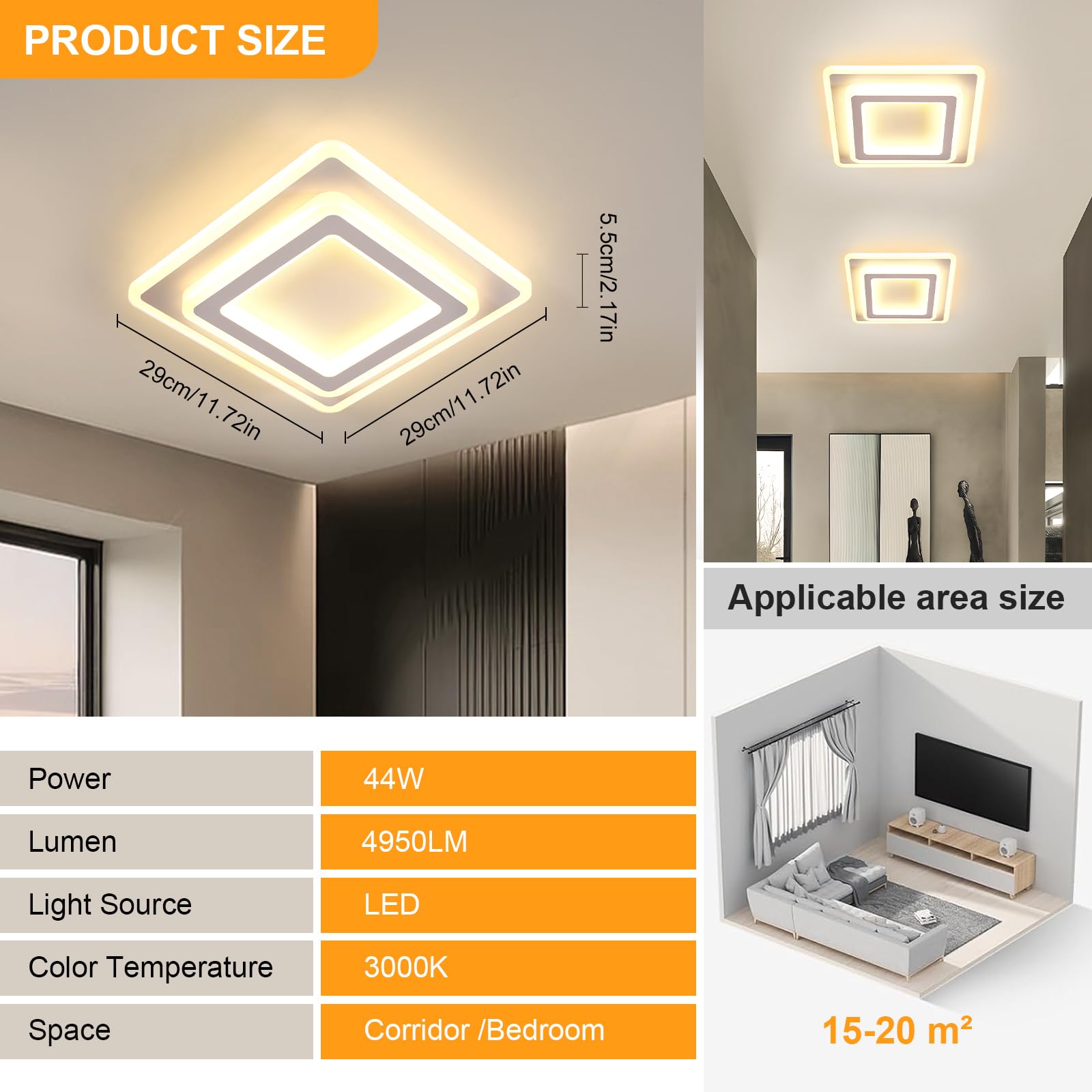 Toolight LED Ceiling Light Square, 44W 4950LM Modern Acrylic LED Ceiling Lamp White - Image 4