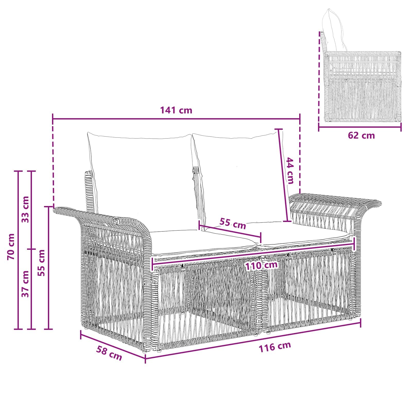 Sofa ogrodowa, 2-osobowa, szara, polirattanowa z malowaną proszkowo stalową ramą, odporna na warunki atmosferyczne, na balkon i taras, ze zdejmowanymi poduszkami, regulowane nóżki