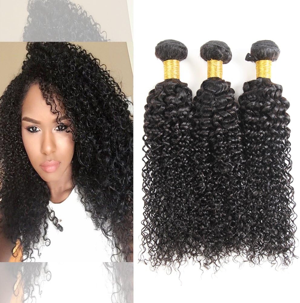 Short Curly Weave Bundles 300g Virgin Human Hair 3 Bundles Brazilian Jerry Curl Full Head Curly Hair for Black Women Natural Color 10 12 14 Inches