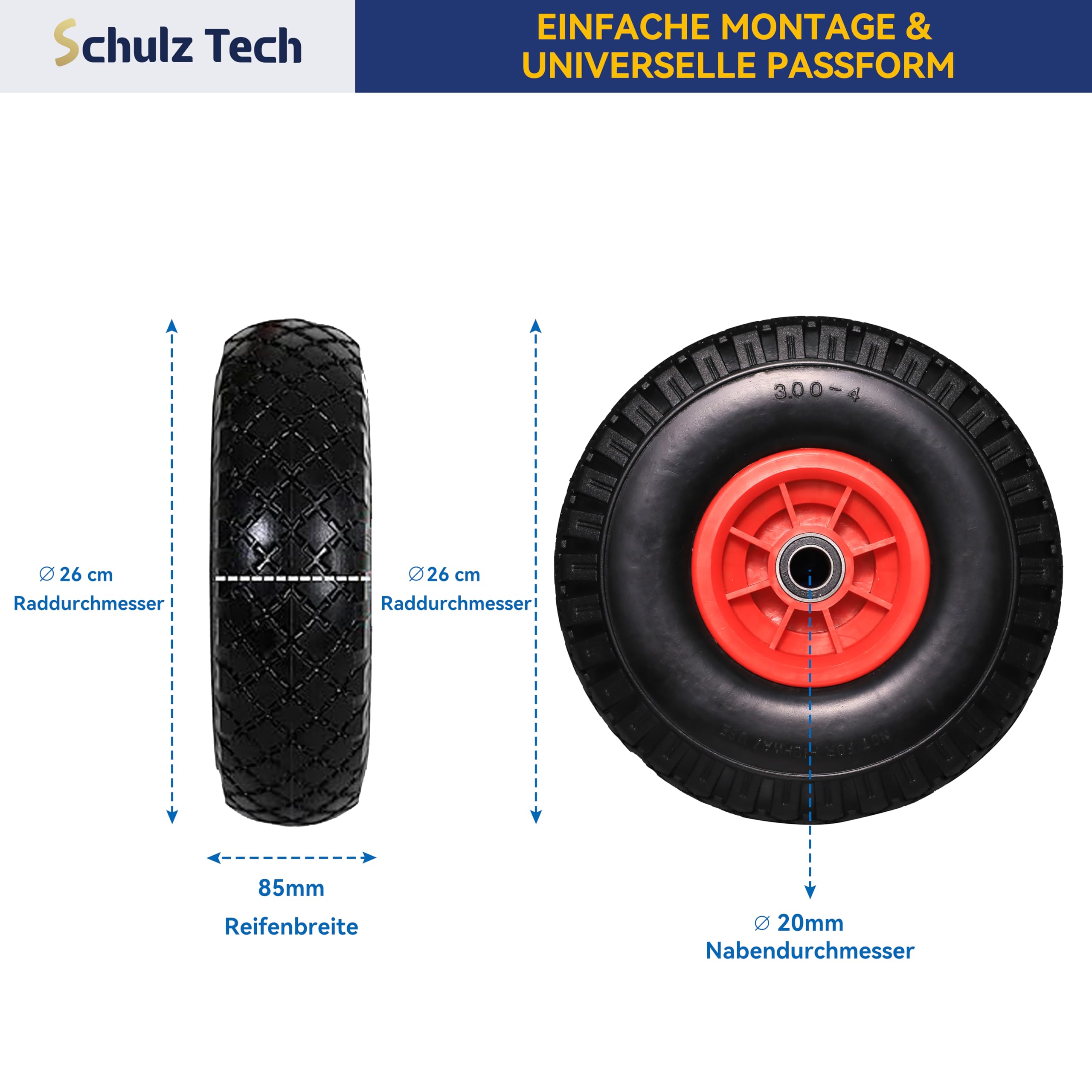 Lot de 2 roues de diable - Pneus en caoutchouc plein anti-crevaison - 3.00-4 / Ø260 x 85 mm - Diamètre du moyeu : 20 mm - Longueur du moyeu : 60 mm - Pneus en polyuréthane (noir)