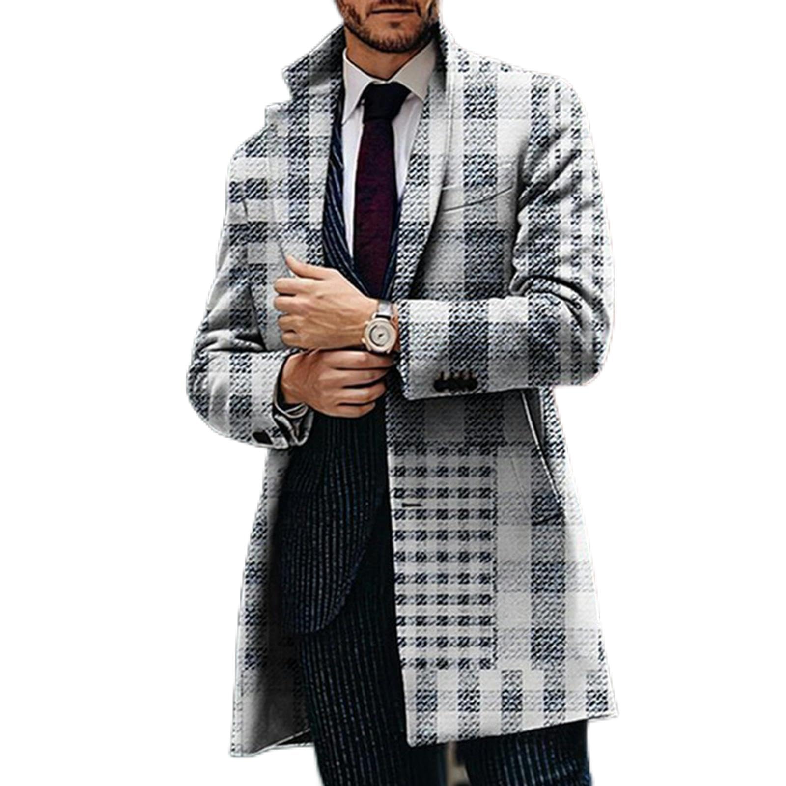 Cappotto di Lana con Impunture con Stampa Pied de Poule retrò Uomo Casual Giacca con Bottoni con Colletto rovesciato Autunno Inverno Tasca Lunga Giacca a Vento da Uomo
