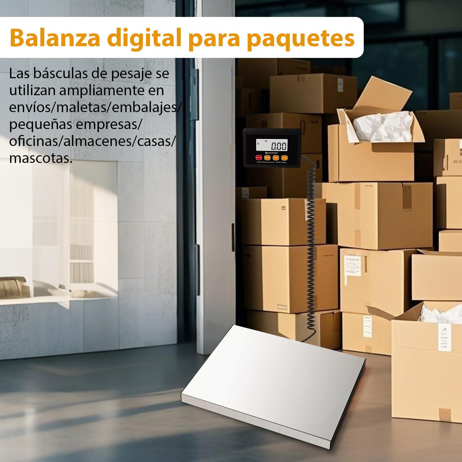 UNIWEIGH Bascula Postal Digital,440lb x 10g Bascula industrial,Plataformas de Acero Inoxidable,Balanza Pesada con Retención/Tara/Pantalla LCD,Báscula Postal para Paquetes/Almacén/Equipaje
