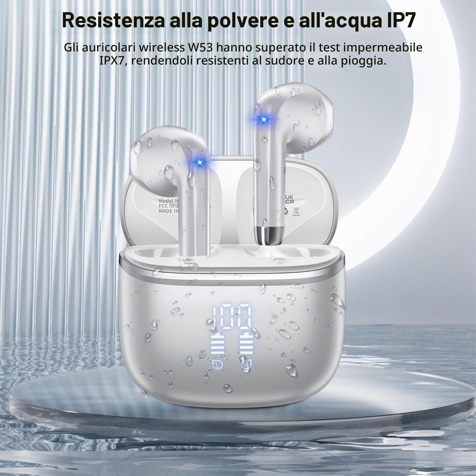 Cuffie Bluetooth, Auricolari Bluetooth 5.4 Cuffie Wireless In Ear con microfono stereo ENC HD, cuffie wireless bluetooth 50H, Cuffiette Wireless IP7 Impermeabile con Display LED, Argento