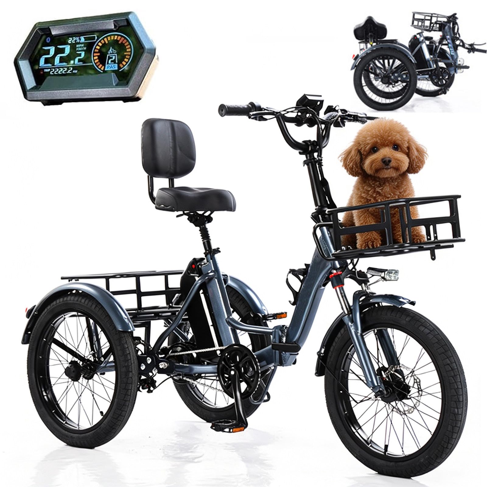 BuilfutenM Outdoor Commuter Electric Foldable Tricycle Bike Adult Fat Tyre with Cargo Basket Easy Climbing Load Capacitay Fat Tire for Adults,Comfortable Rides 20Inch-Grey