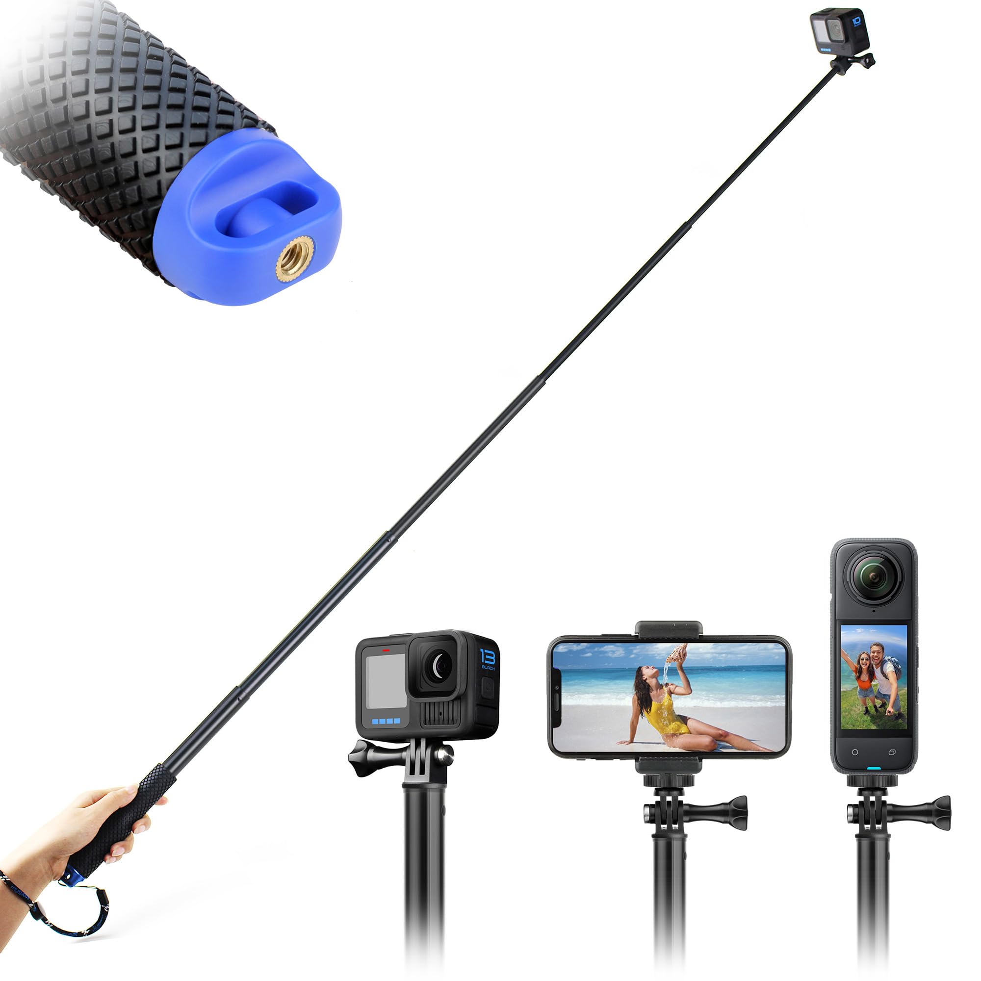 46'' Long Extendable Selfie Stick Waterproof Extension Pole Monopod Hand Grip for GoPro Hero 13 12 11 10 9 8 7 6 5 4 Black Mini Max Session Insta360 AKASO SJCAM DJI OSMO Action Cameras