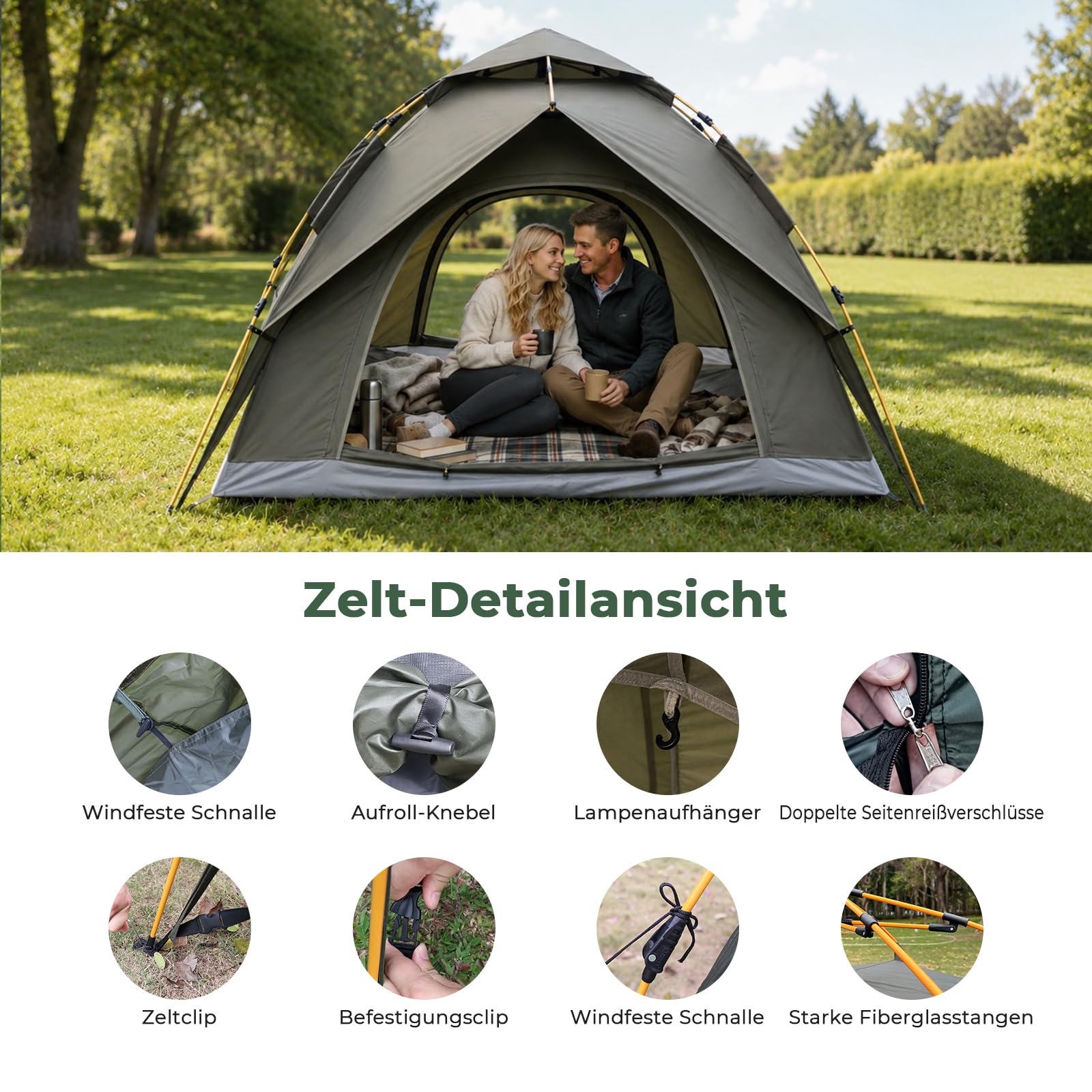 Pop Up Zelt 3-4 Personen, Automatisches Wurfzelt mit 3000mm Wasserdicht, Doppelwand Campingzelt für Festival, Trekking & Familie, Schnellaufbau in 40 Sek, 2 Türen, 2.3x2.3x1.2m, Grau