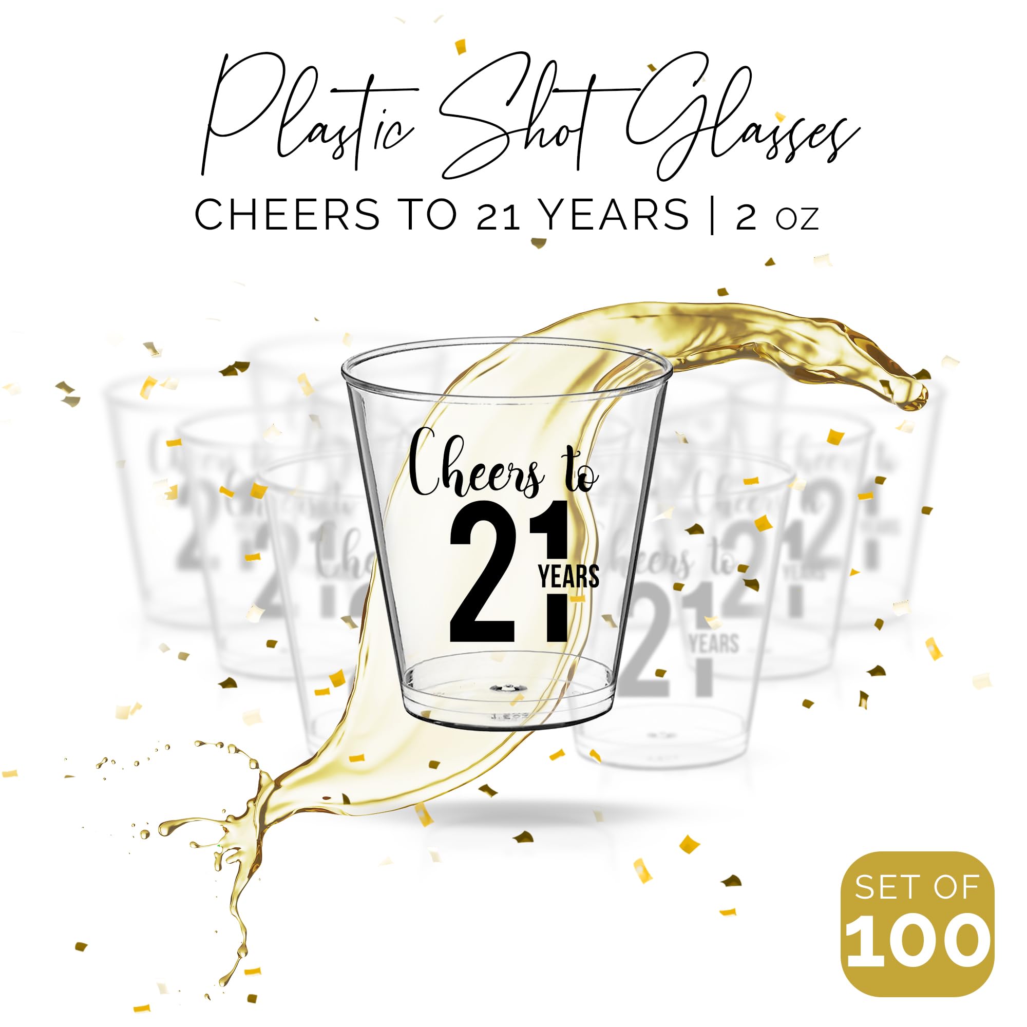 100 vasos de chupito Cheers To 21 Years – Vasos de chupito desechables de 21 onzas, decoraciones de cumpleaños 21 para ella y él, vasos de plástico de 21 cumpleaños, perfectos para recuerdos de fiesta