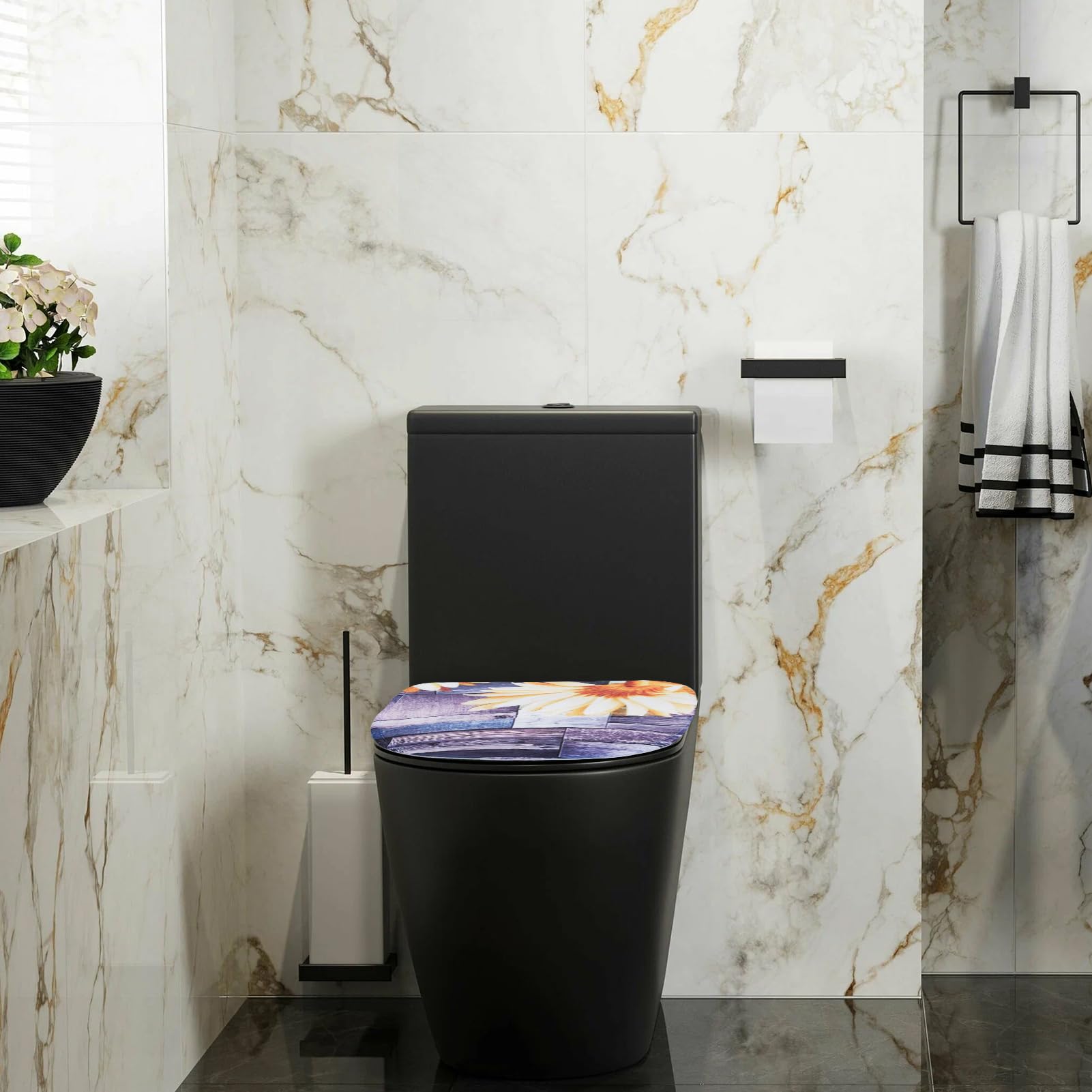 NICENEEDED Polyester Toilet Lid Cover, Wood Print Sunflower Toilet Lid Covers Soft Toilet Seat Cover - Image 2