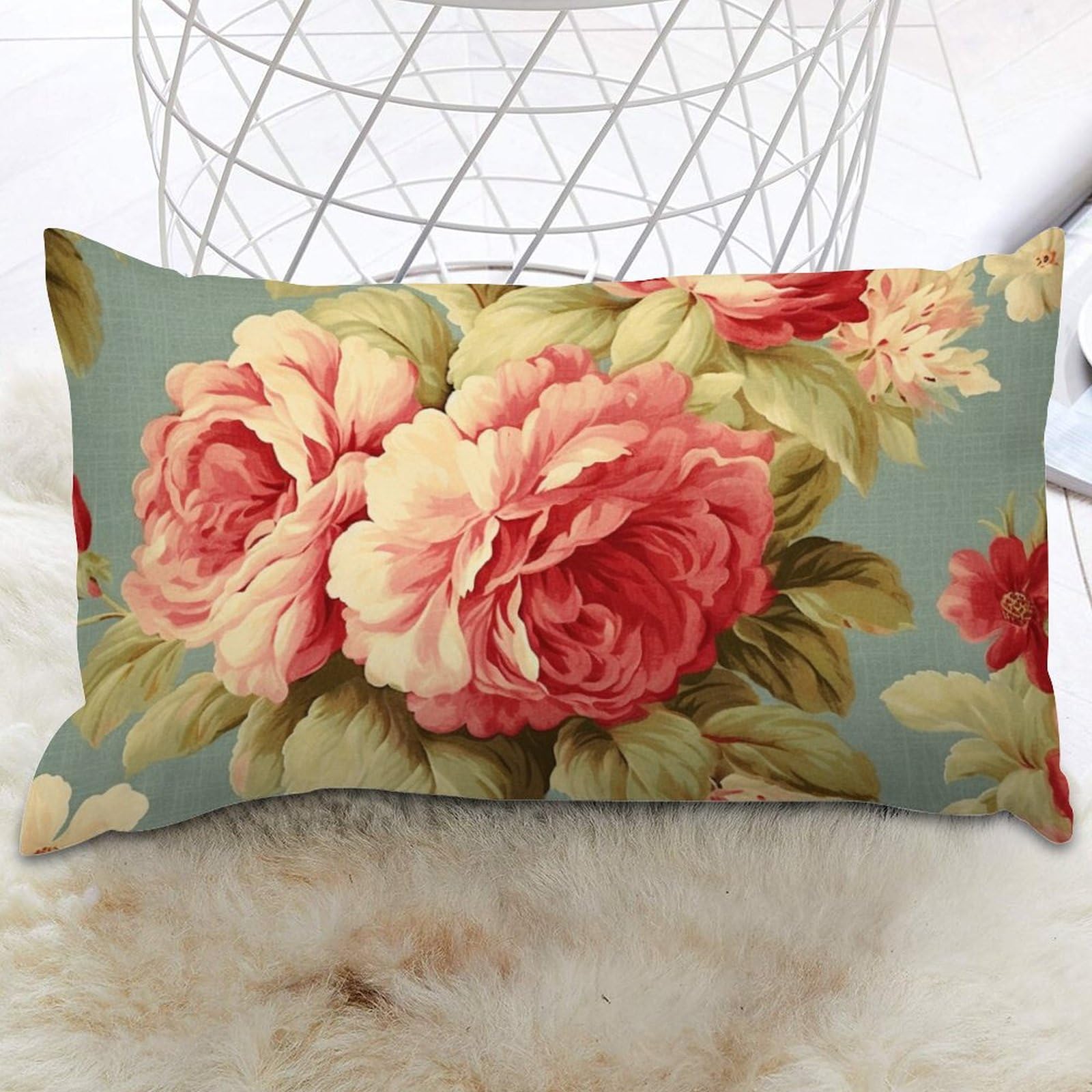 Rectangle Lumbar Pillow Case Pink Cabbage Roses Romantic Aqua Pillow Covers French Rose Floral Throw Pillow Case Classic Farmhouse Decor Pillow For Sofa Couch Chair Bed Decor 12x20 IN