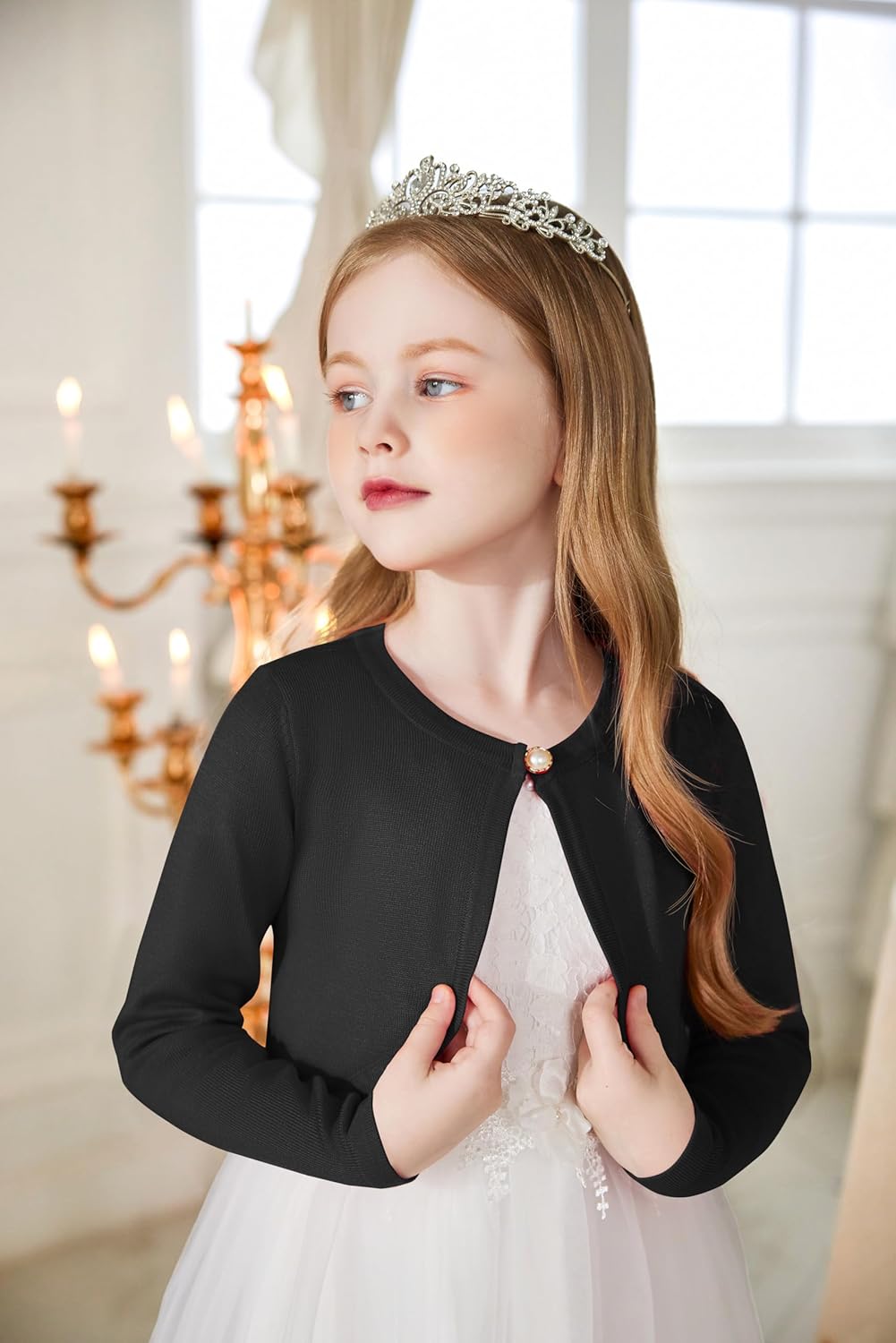 Arshiner Girls Open Front Shrug Cardigan Kids Children Knit Long Sleeve Bolero with Button Closure - Image 3