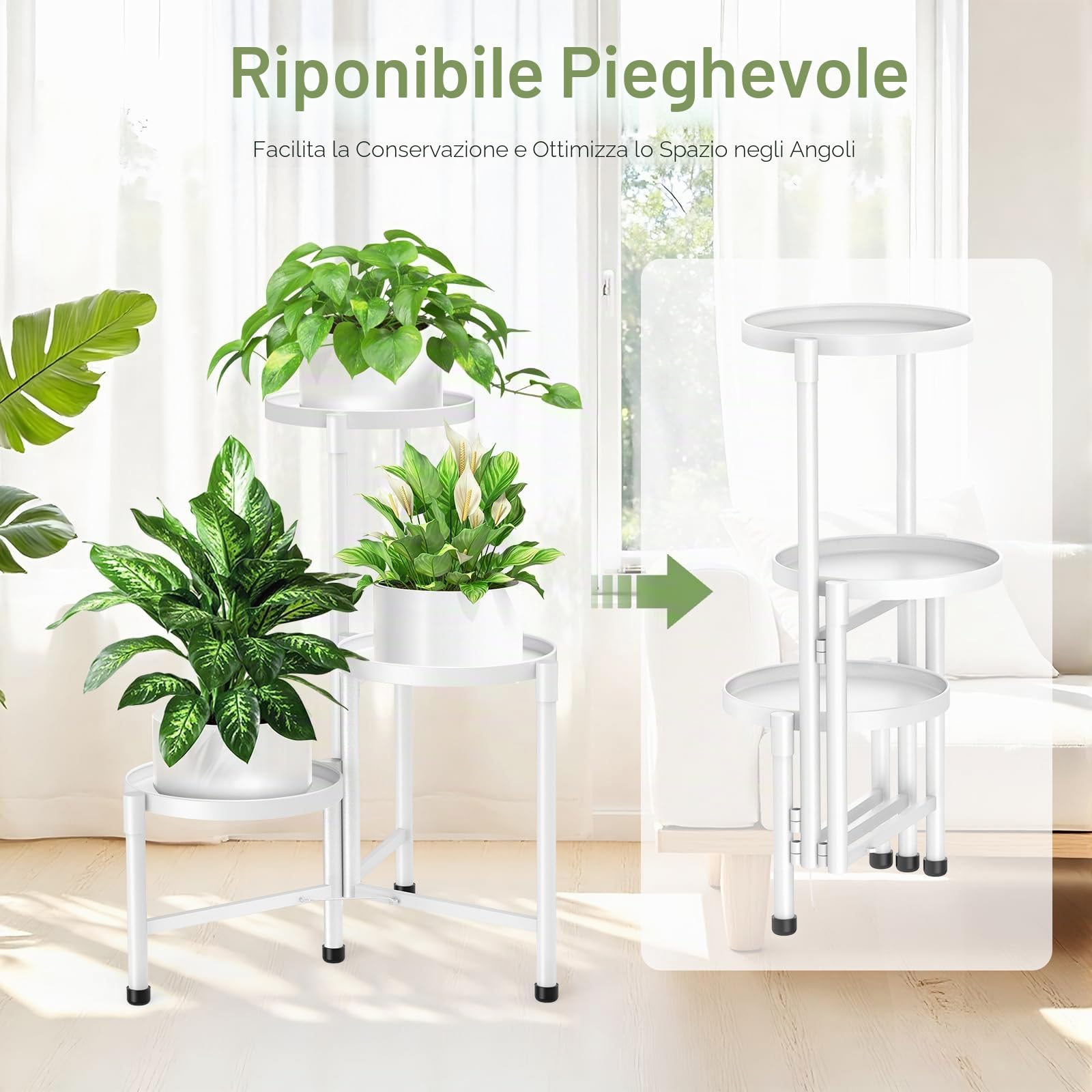 Scaffale per piante in metallo, 3 animali, altezza 115 cm, antiruggine, per interni, esterni, giardino, balcone, bianco
