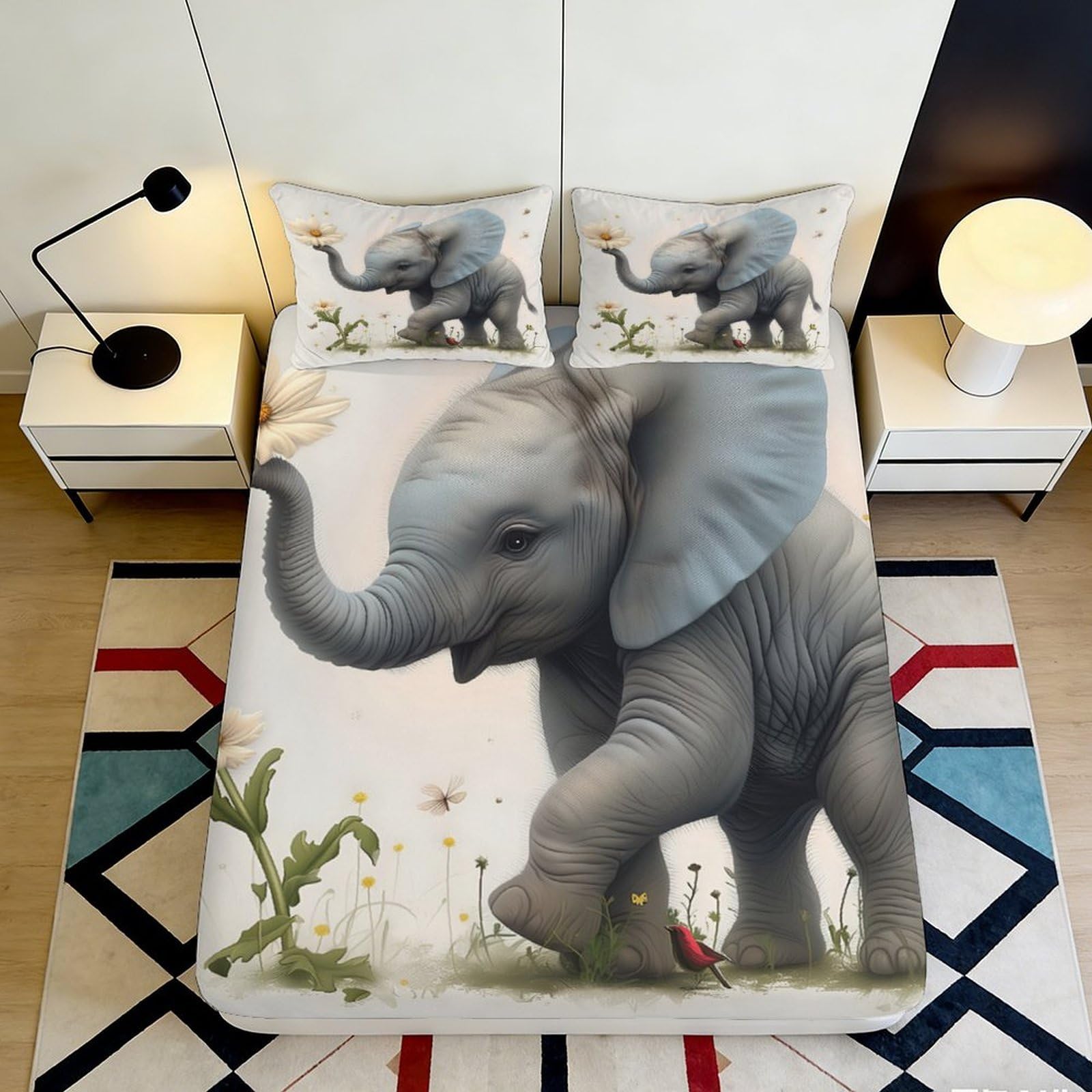 3D Printed Cute Baby Elephant Fitted Sheet Microfiber Soft Non Slip Animal Mattress Cover for Bedroom Guestroom Decor 90x200x25cm