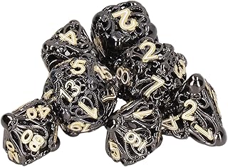 Dados de metal oco, 7 conjuntos de dados poliédricos em forma de polvo RPG temático para Dungeons and Dragons, RPG e jogos de mesa, Conjunto de dados de caveira de bronze antigo