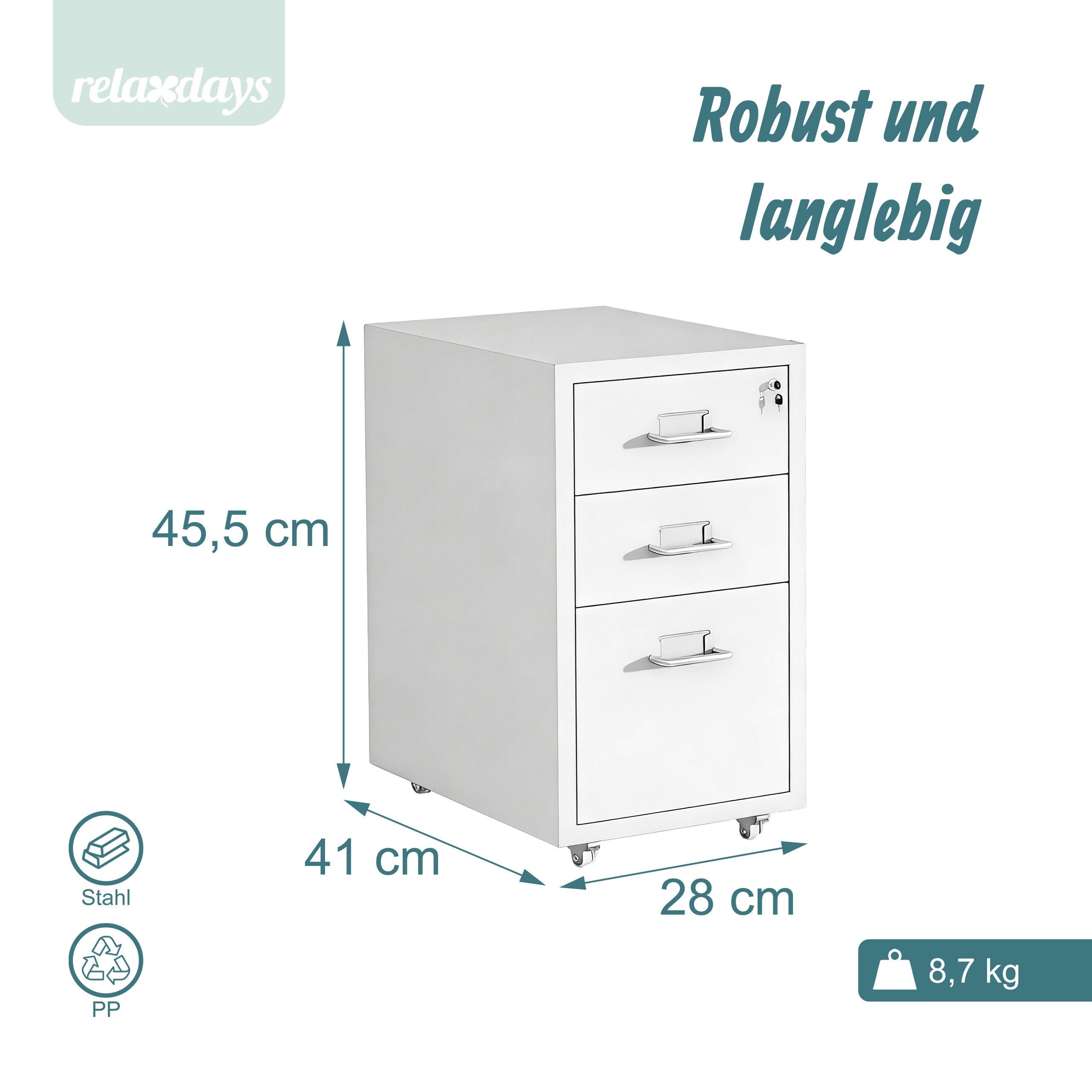 Relaxdays Rollcontainer, 3 Schubladen, HxBxT: 45,5 x 28 x 41 cm, abschließbar, Aktenschrank auf Rollen, Metall, weiß