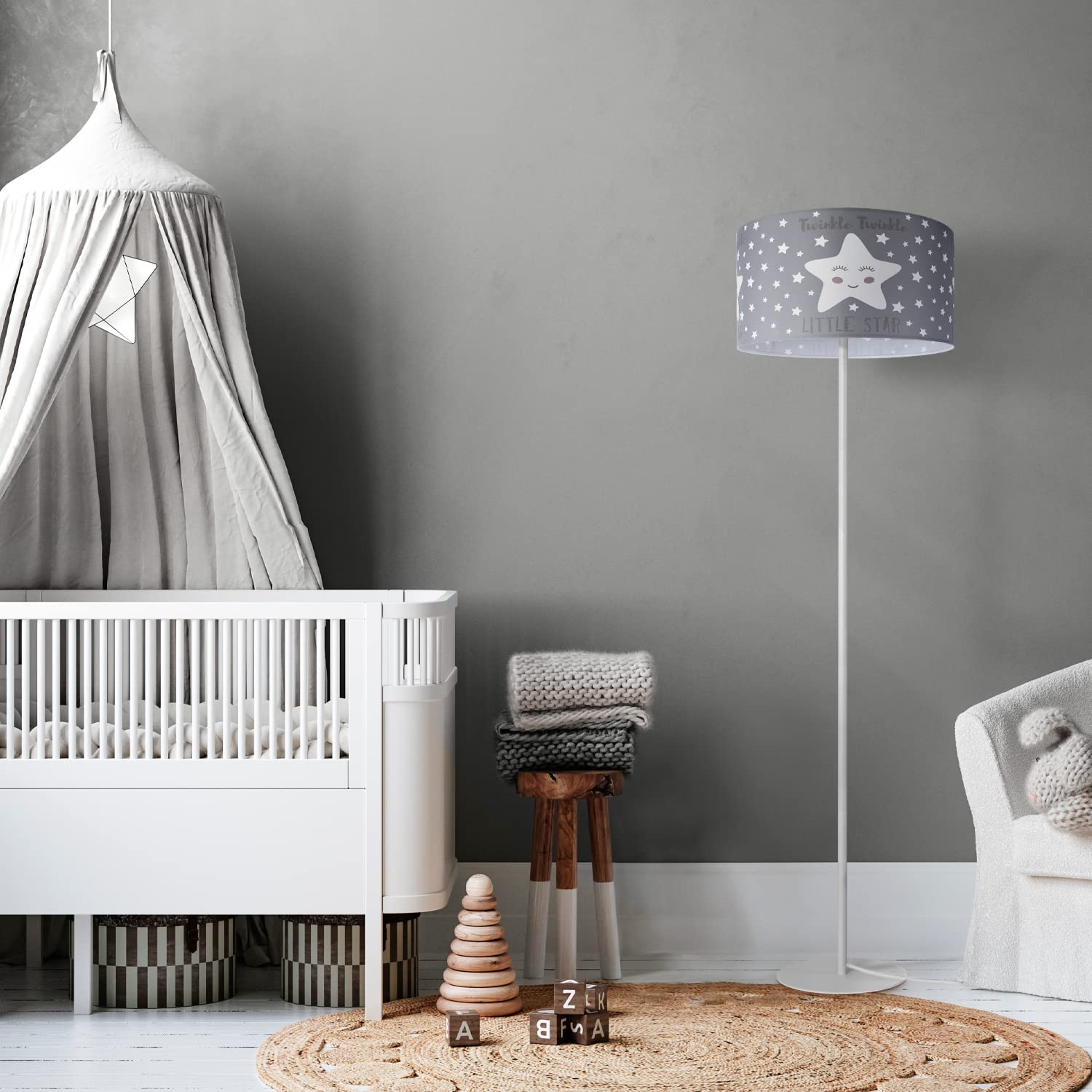 Paco Home Luminaria Pie Niños Lectura Habitación Infantil Lámpara Pantalla Tela Redonda Estrellas Luna Bebé E27