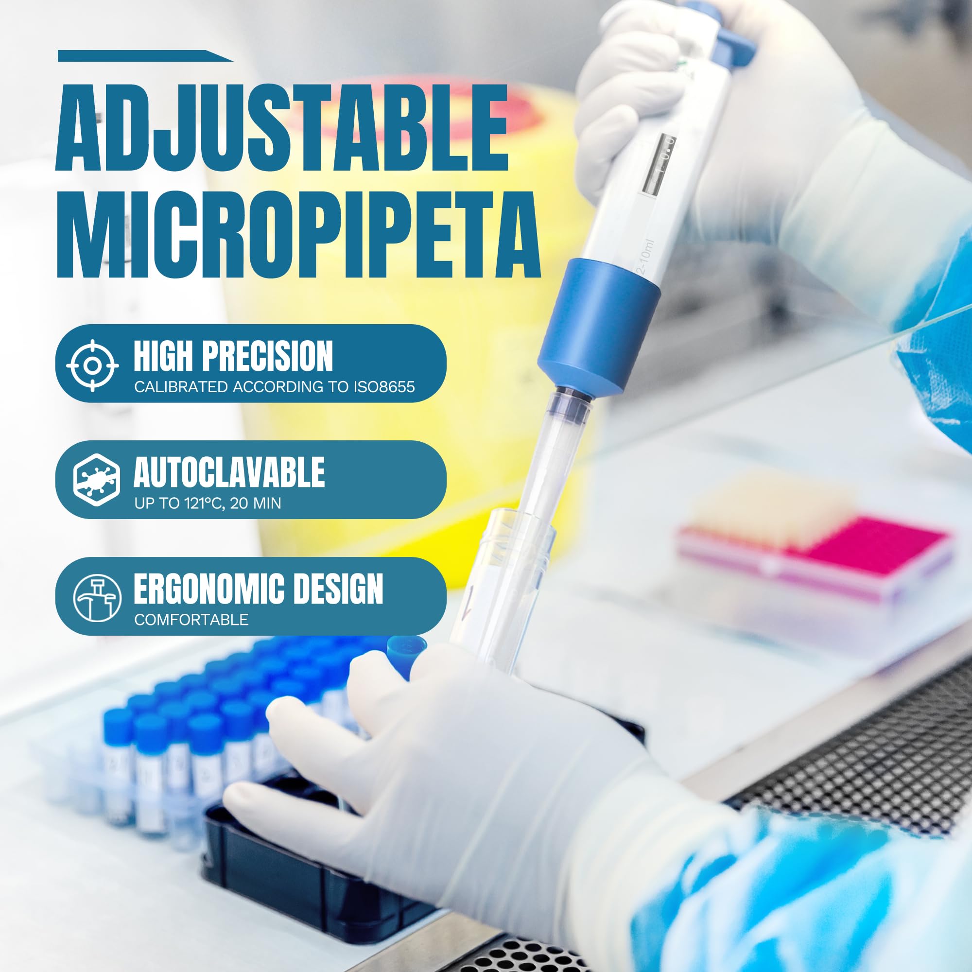 1000-5000μl Micropipeta de Laboratorio, Pipetas Monocanal, Pipeta Ajustable Precisa con Puntas de Pipeta
