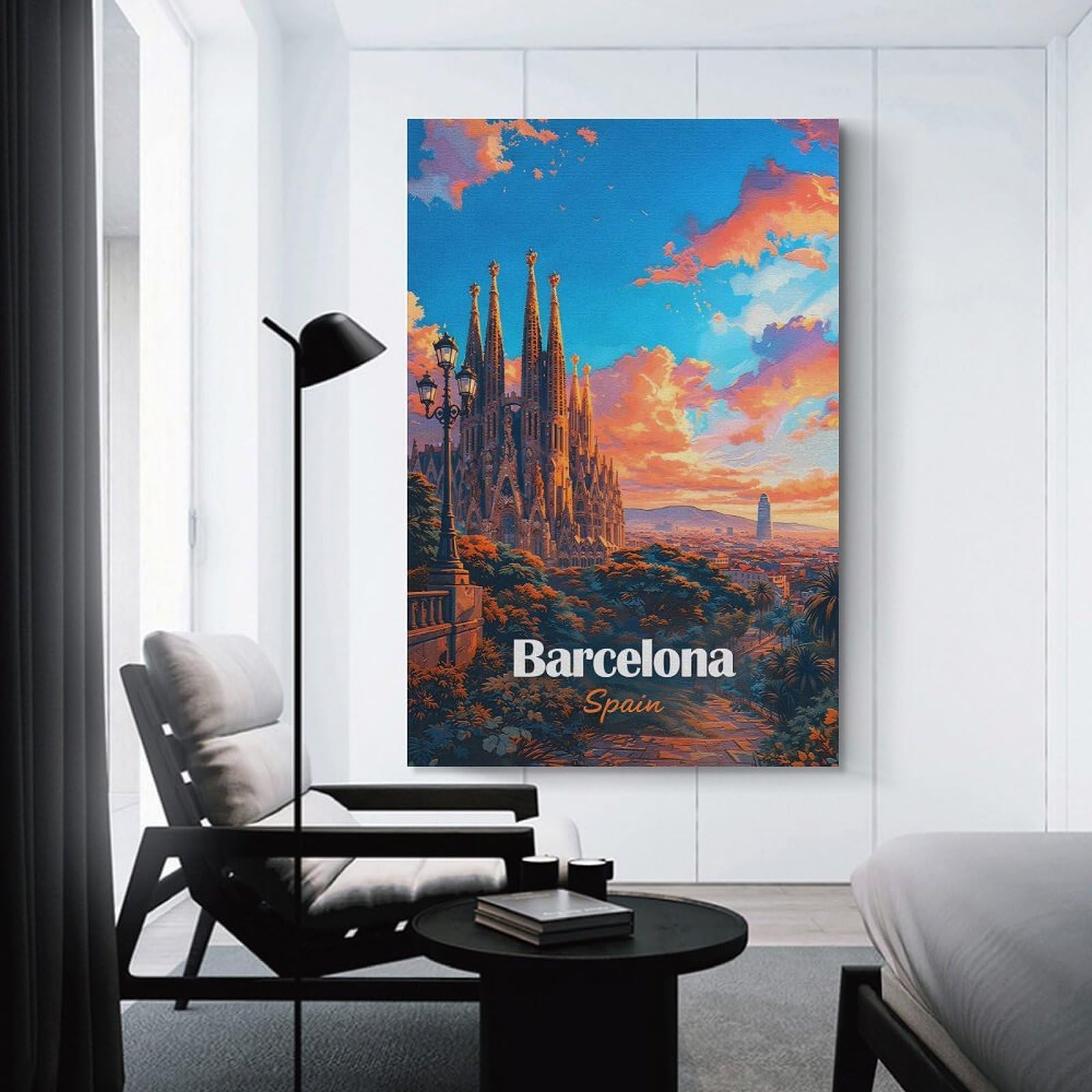 Junmoney Canvas Art Print Barcelona Sagrada Familia Sunset, 24x36inch(60x90cm), for Office, Study Or Home Workspace, Home Office Artwork with Decorative Appeal