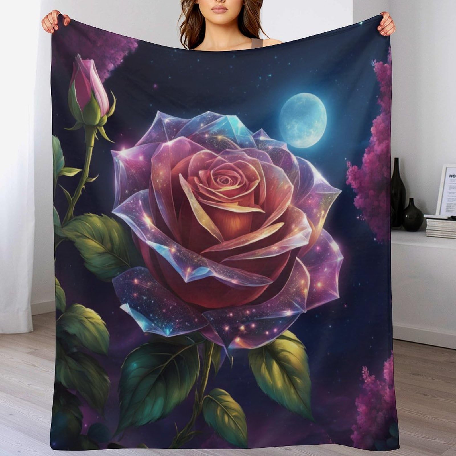 Manta de franela Starry Sky Rose cálida y lavable que no desprende pelusas