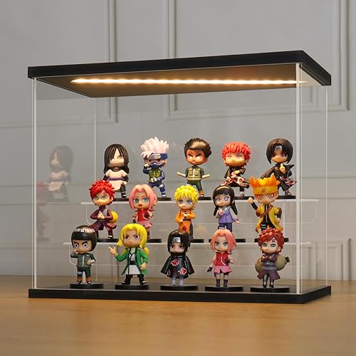 LANSCOERY Vitrina de acrílico transparente con luz, soporte de 2 niveles con base negra, escaparate de protección a prueba de polvo para figuras