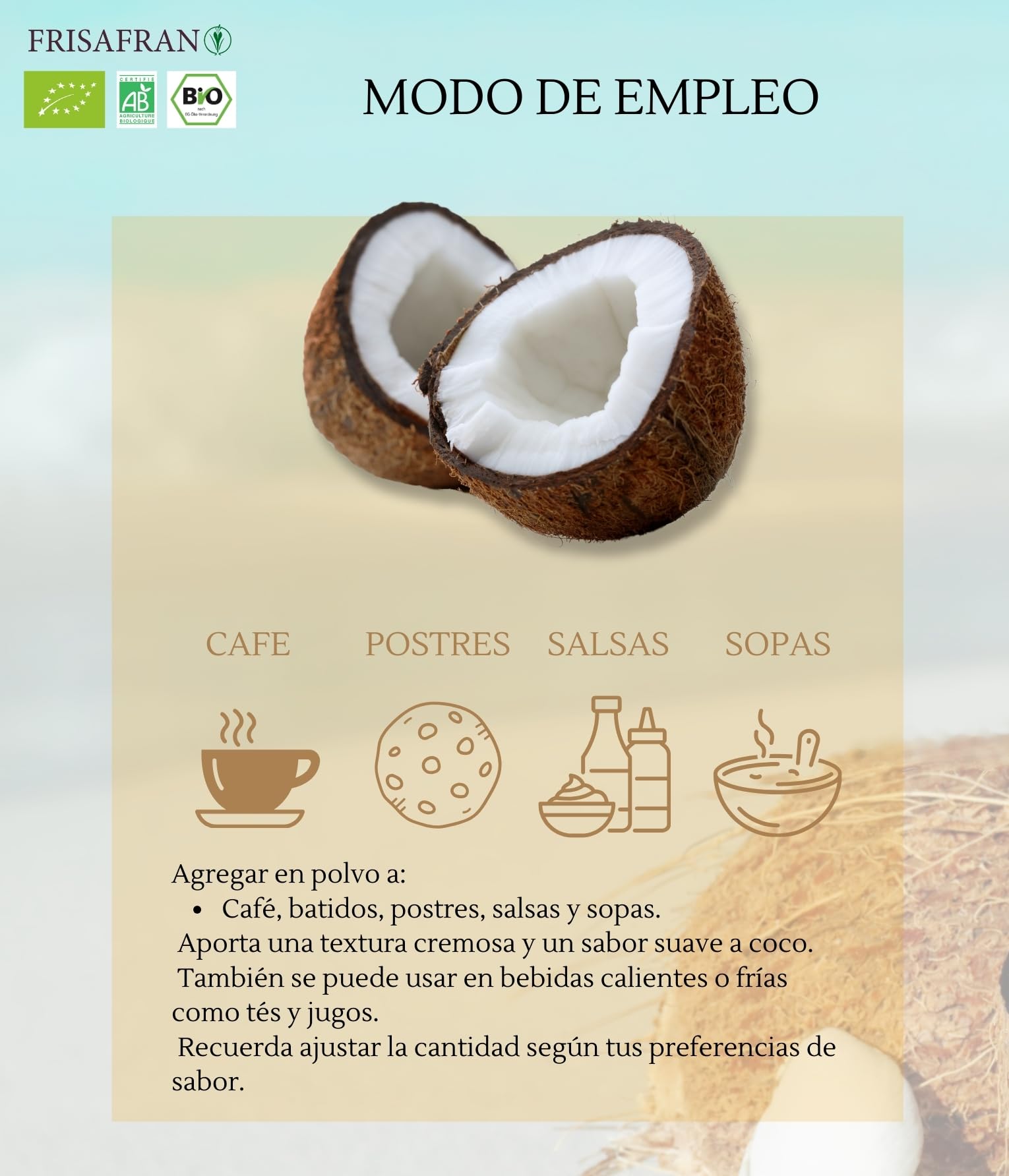 Leche de coco orgánica en polvo 100g Bio sin azúcar sin gluten vegana