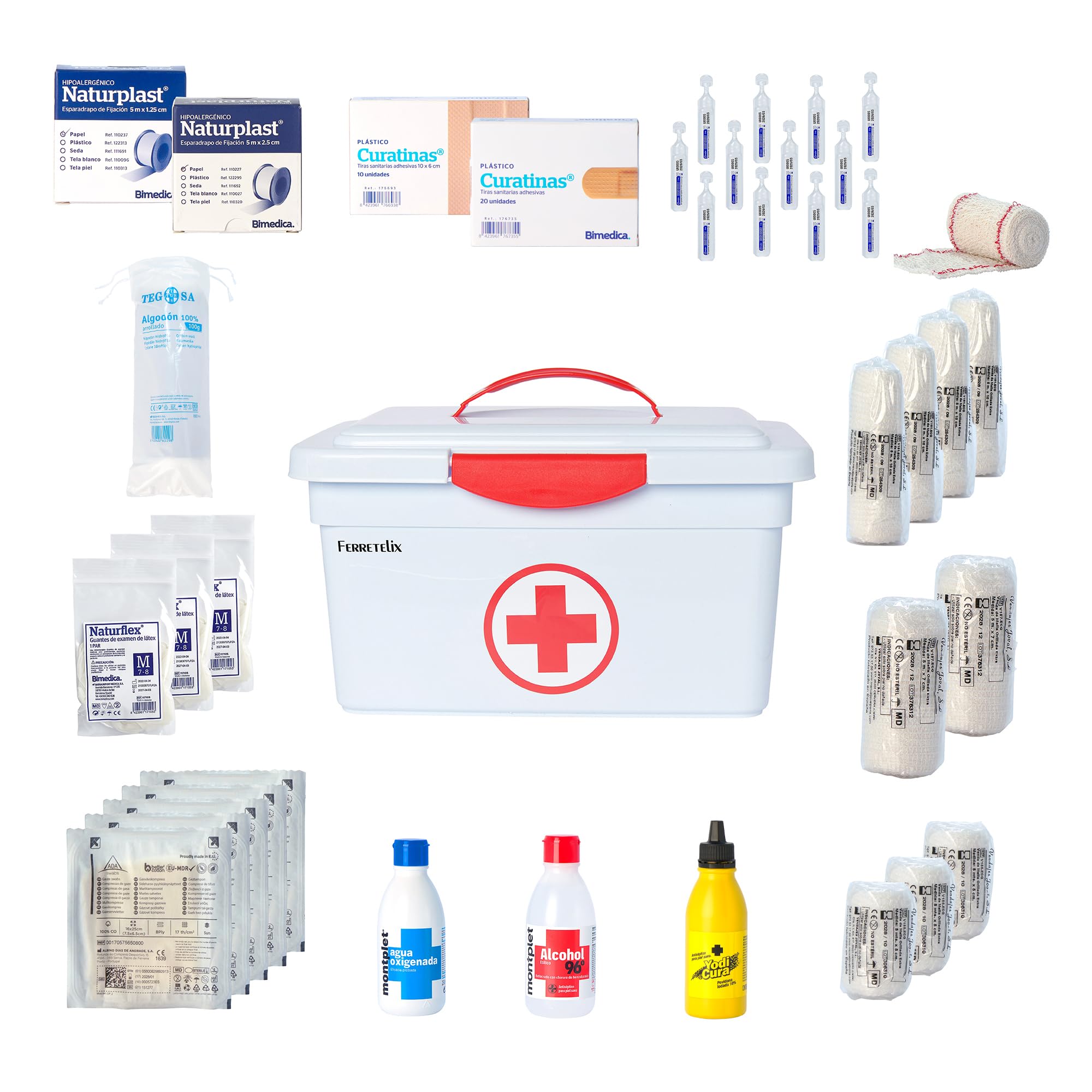 Farmalix Botiquin caja primeros auxilios con tapa 8 litros medidas: 35cmx23cmx19cm equipado con varios artículos para realizar las primeras curas en caso de emergencia