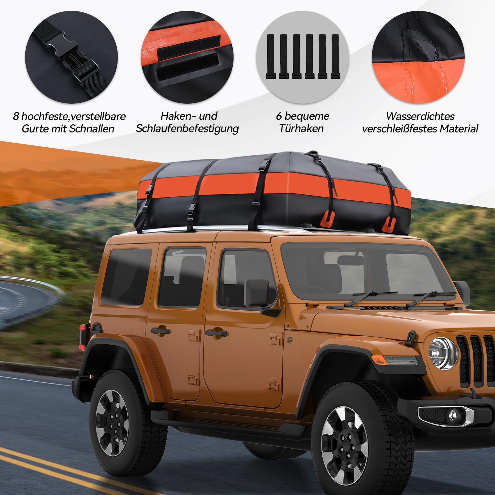 YU YUSING Auto Dachbox 600L Dachtasche Dachgepäcktasche Faltbare Wasserdicht, Dachkoffer Aufbewahrungsbox mit 6 Türhaken, 8 verstärkten Riemen, für Autos mit/ohne Gepäckträger, Vans, SUVs, Orange