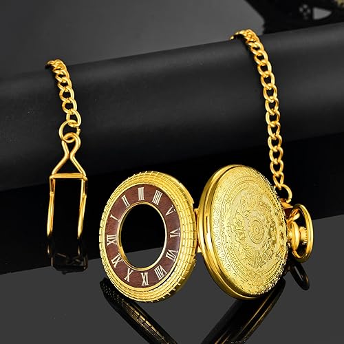 Miniatura 5 de Wood Grain Hollow Design Vintage Pocket Watch, Roman Numerals Scale Quartz Pocket Watch with Chain for Xmas Fathers Day GIF