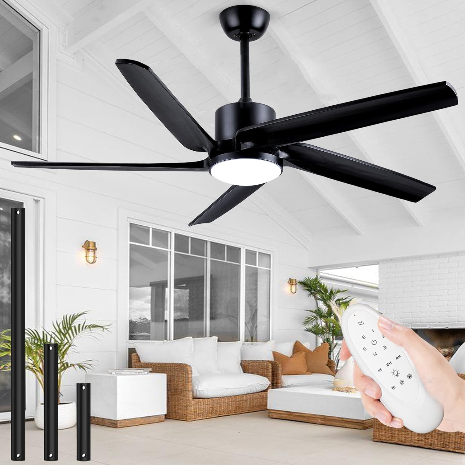 52 Inch Outdoor Modern Black Ceiling Fan with lights for Patio Waterproof 5 Blades Large Airflow Solid Wood Ceiling Fans with Timing Function for Exterior Indoor Porch Gazebo,Quiet Reversible DC Motor