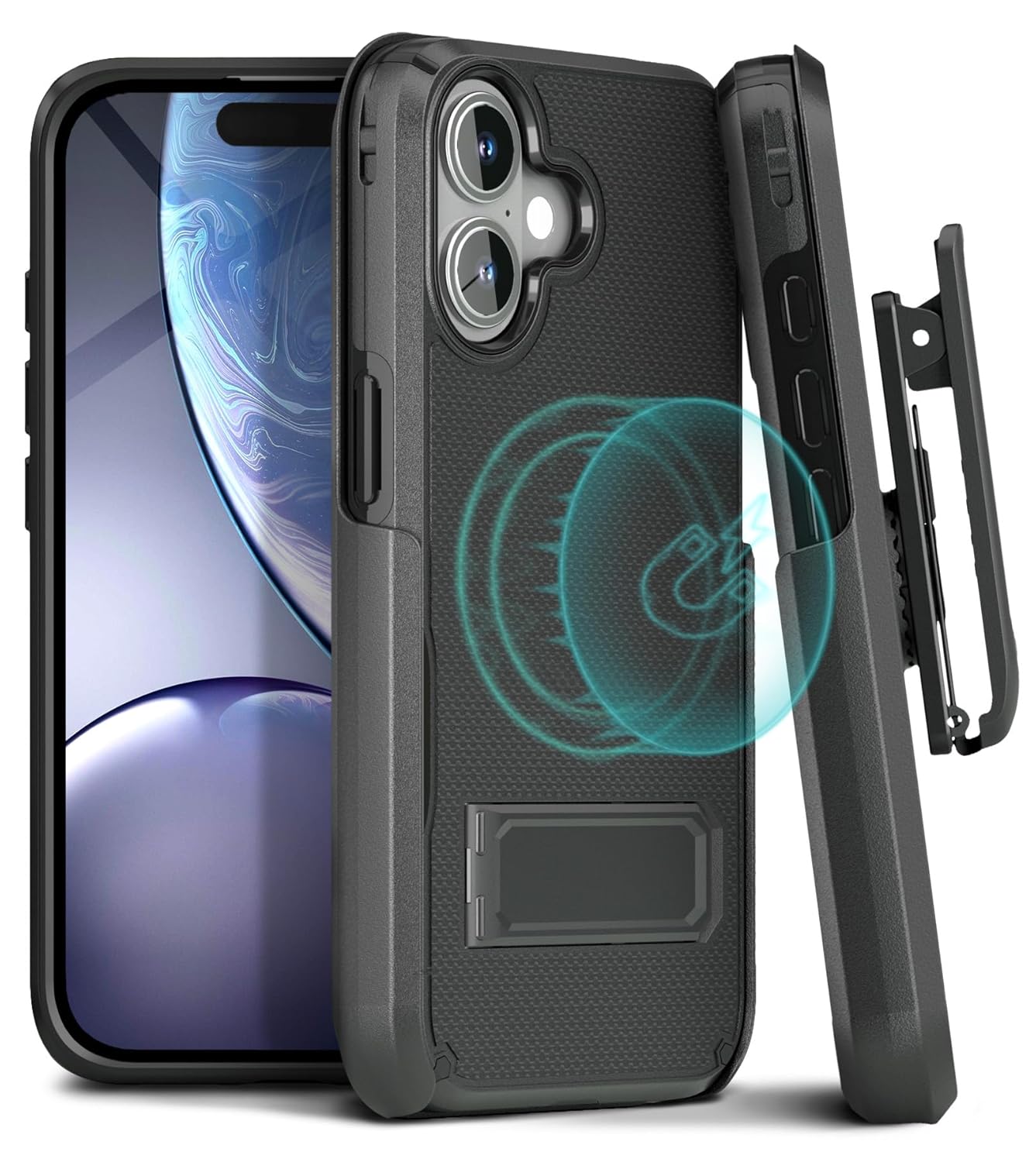 MOTIVE iPhone 16 Case with Belt Clip Kickstand MagSafe Compatible Shockproof Shell Holster Combo 6 1 Black V2