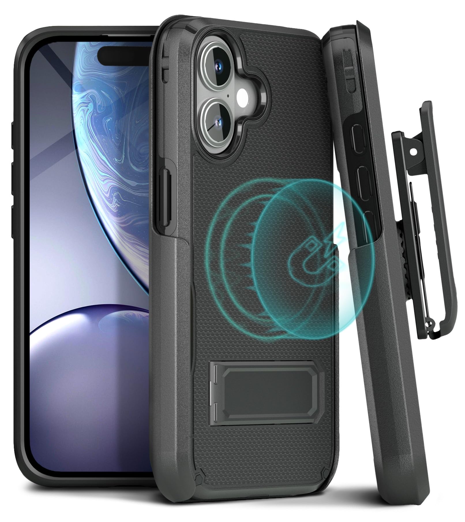MOTIVE iPhone 16 Case with Belt Clip Kickstand MagSafe Compatible Shockproof Shell Holster Combo 6 1 Black V2