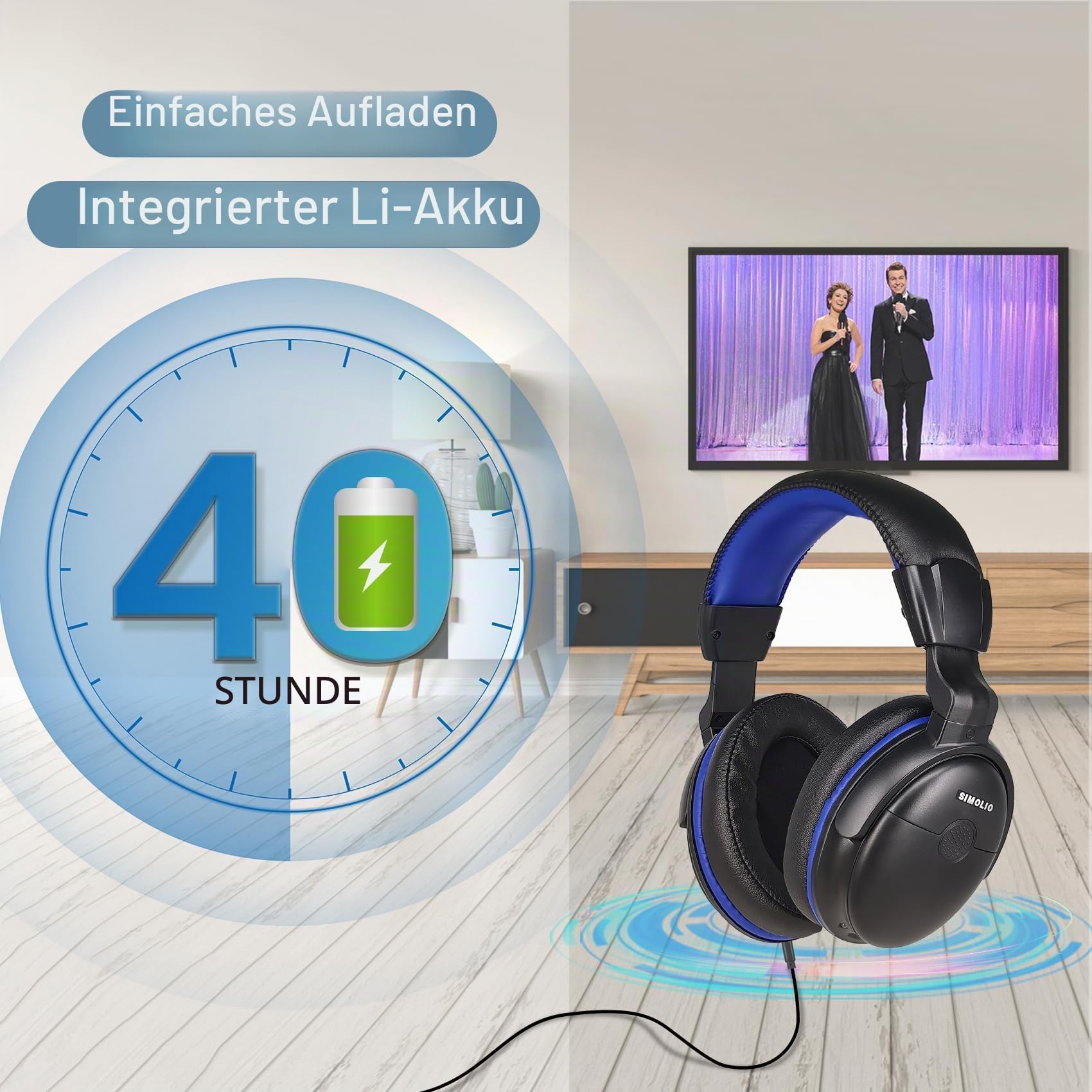SIMOLIO TV Kopfhörer mit langem Kabel, Over Ear Headset für Fernseher mit Tonverstärkung, Tonregler & Lautstärkeregler, 18ft Spulenkabel mit Clip, 3.5mm AUX & RCA Audio, 40 Std. Spielzeit, SM-905TV