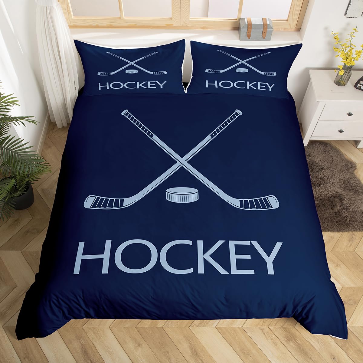 richhome Ice Hockey Bedding Set Ice Sports Games Comforter Cover For Kids Teens Adults Hockey Player Navy Blue Room Decor 2Pcs Single — image 1