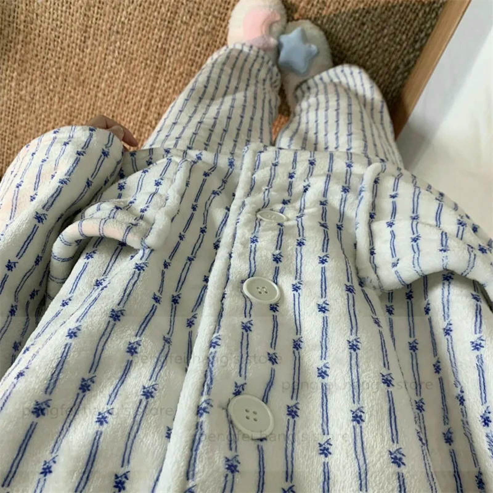 WANGQIQI Pigiama Pigiami Invernali da Donna Set A Casa-Striscia Blu-Una Taglia